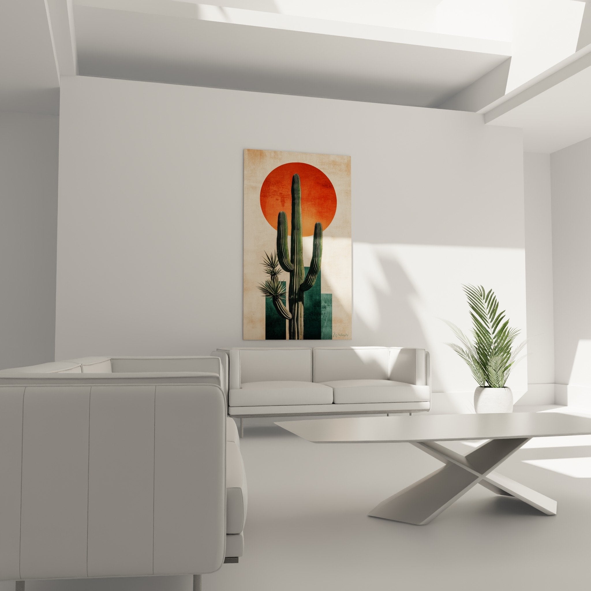 Saguaro cactus painting detail modern wall art orange turquoise beige colors