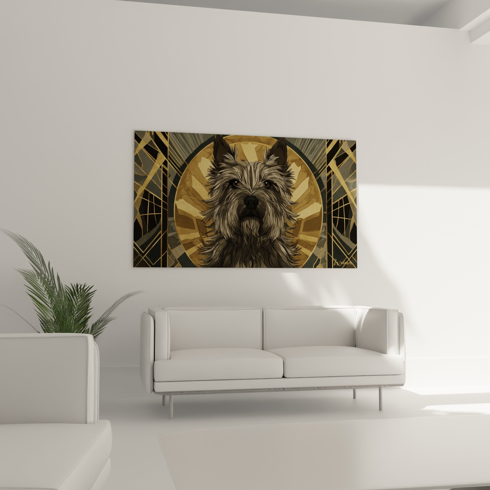 Détail rapproché tableau Cairn Terrier montrant texture pelage et motifs géométriques dorés
