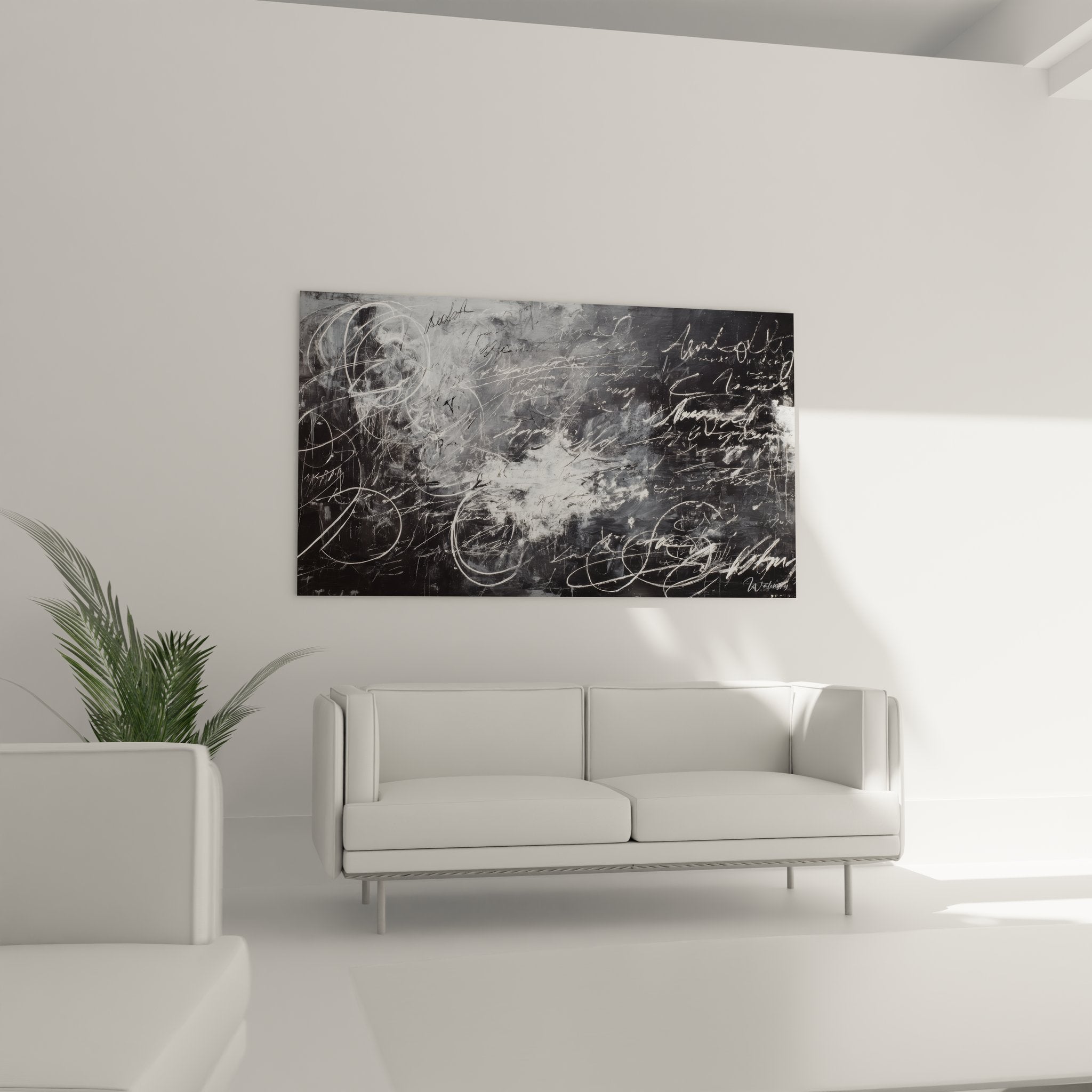 Détail rapproché tableau calligraphie montrant textures et superpositions écritures abstraites