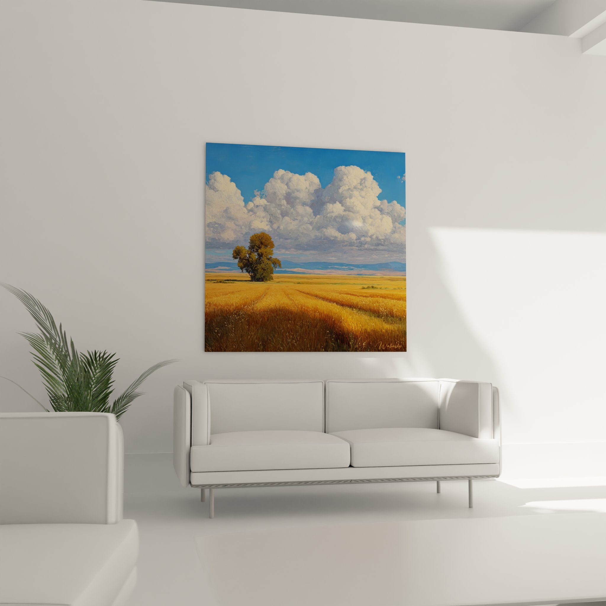 Détail tableau campagne épis blé dorés nuages blancs peinture texturée paysage rural