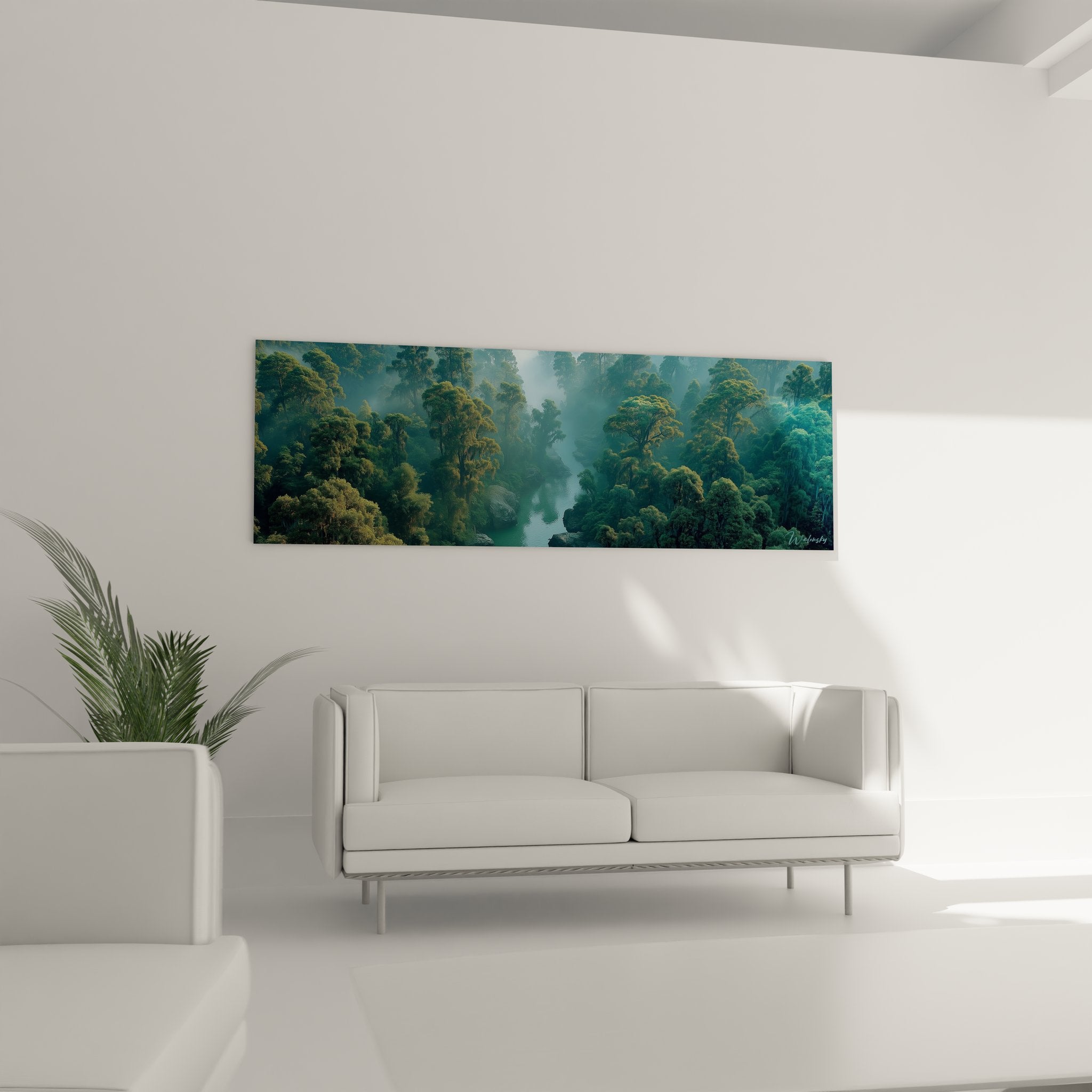 Détail rapproché tableau canopée brumeuse montrant textures végétales et effets de brume tropicale