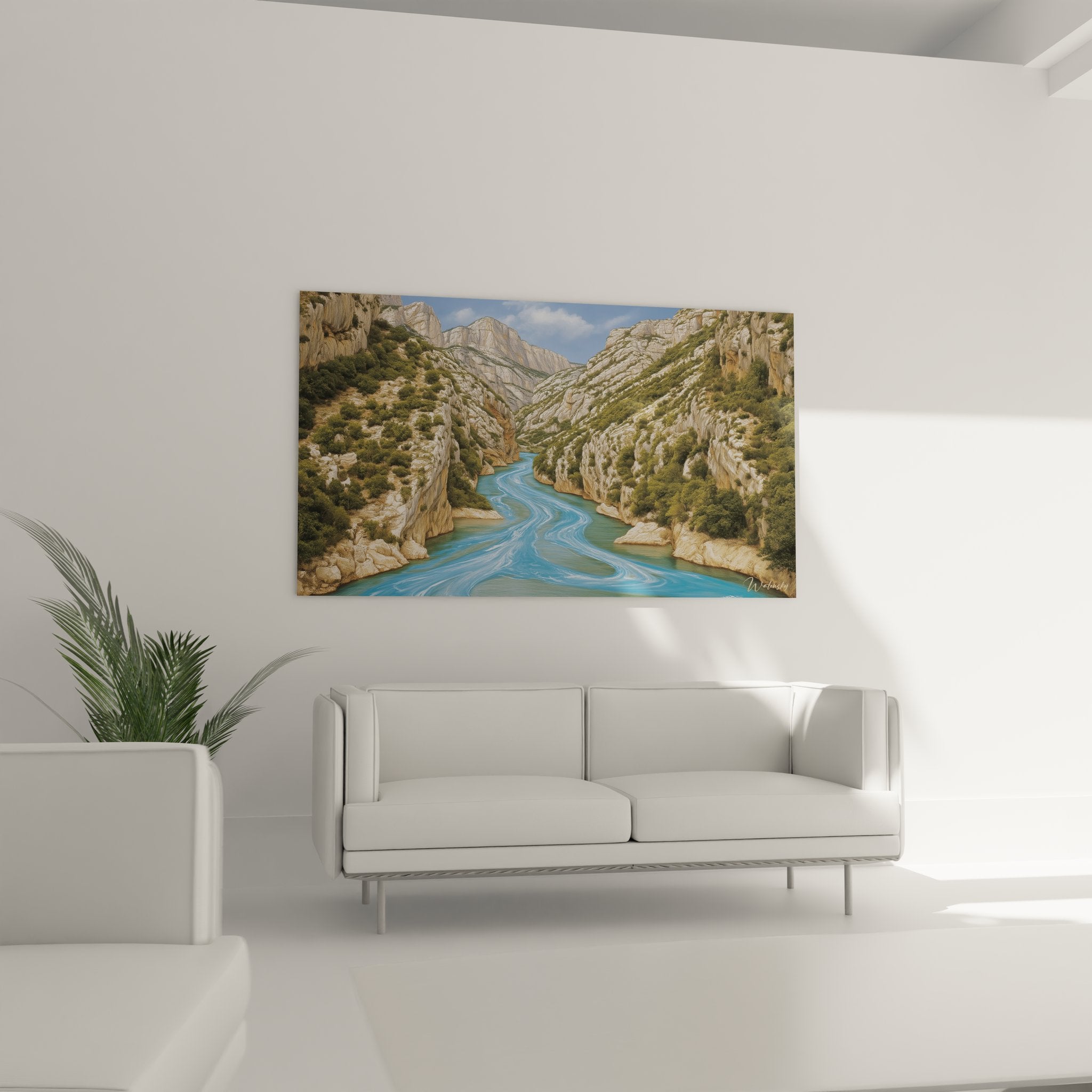 Détail tableau canyon montrant méandres rivière turquoise et formations rocheuses