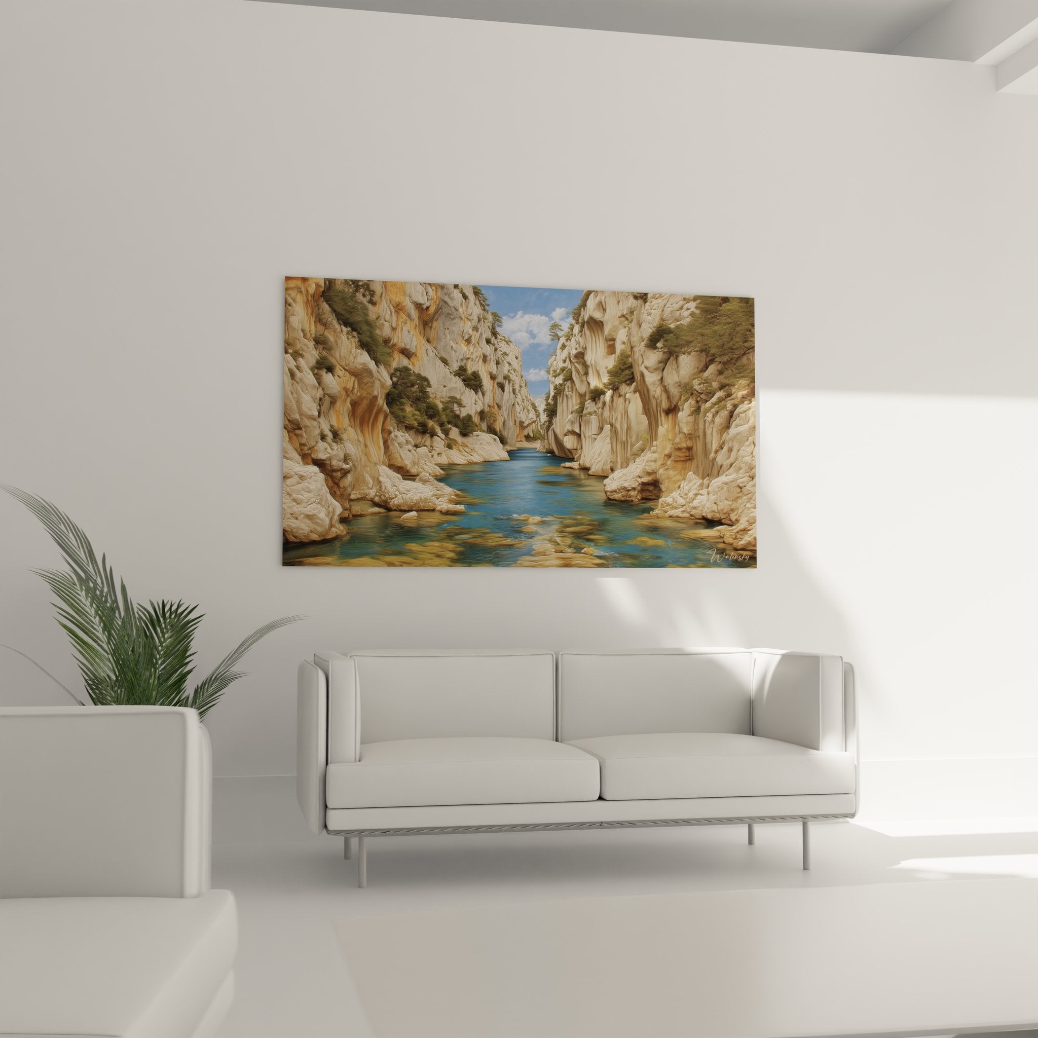 Détail tableau canyon, textures roches calcaires et reflets eaux turquoise, art mural nature
