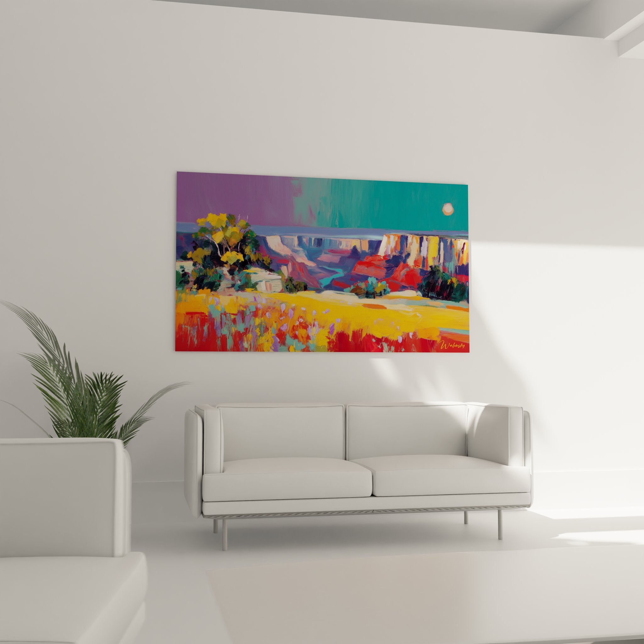 Détail rapproché tableau canyon montrant technique picturale et couleurs éclatantes des roches