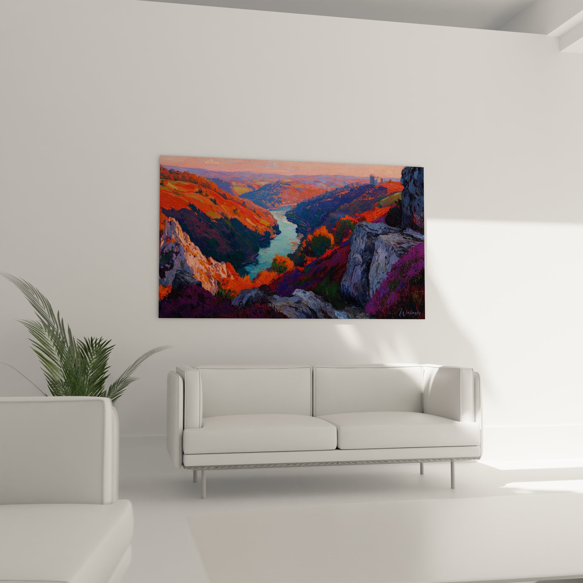 Détail tableau canyon montagne, technique picturale expressionniste, rochers et végétation colorée