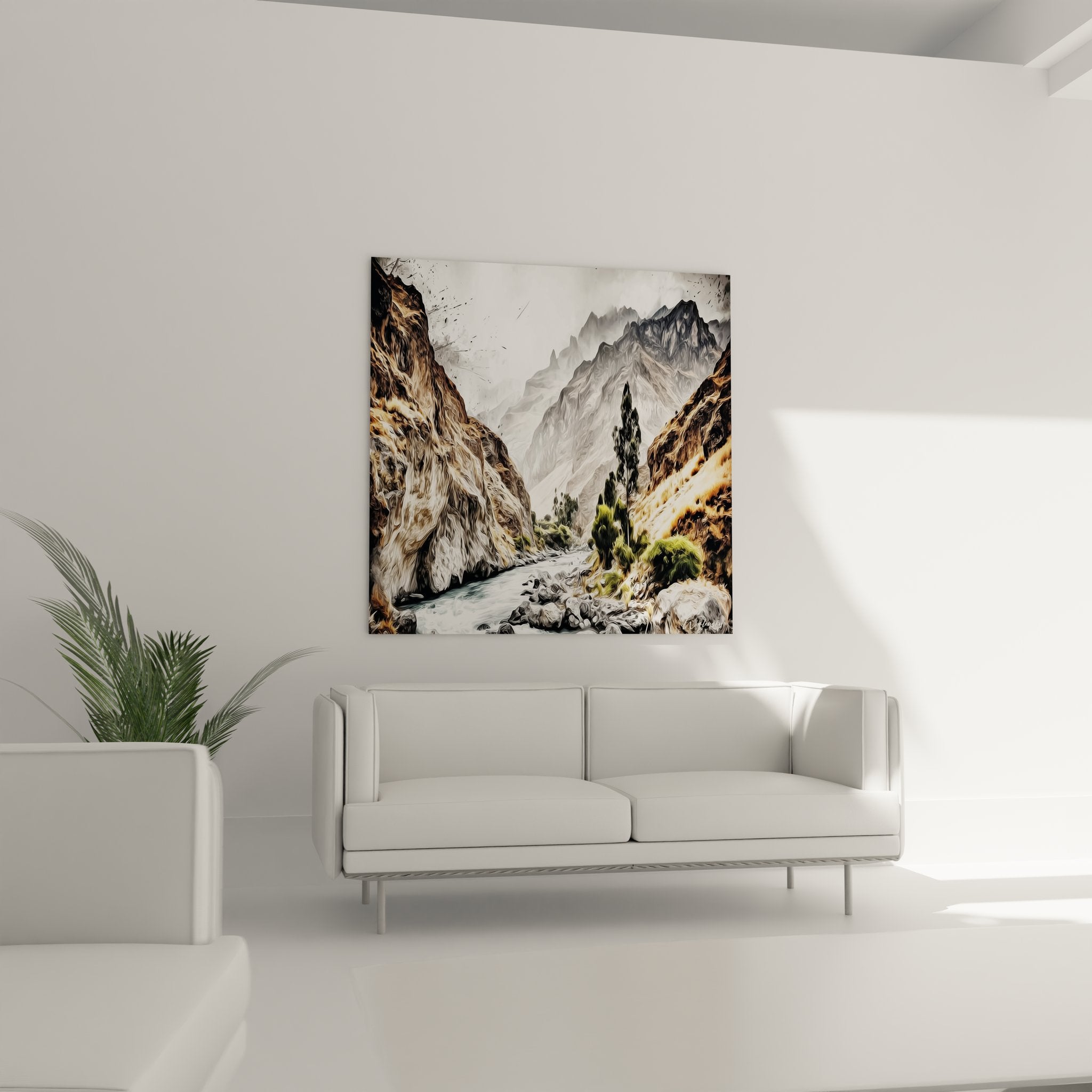 Détail rapproché tableau canyon montrant textures rocheuses et effets de lumière sur parois