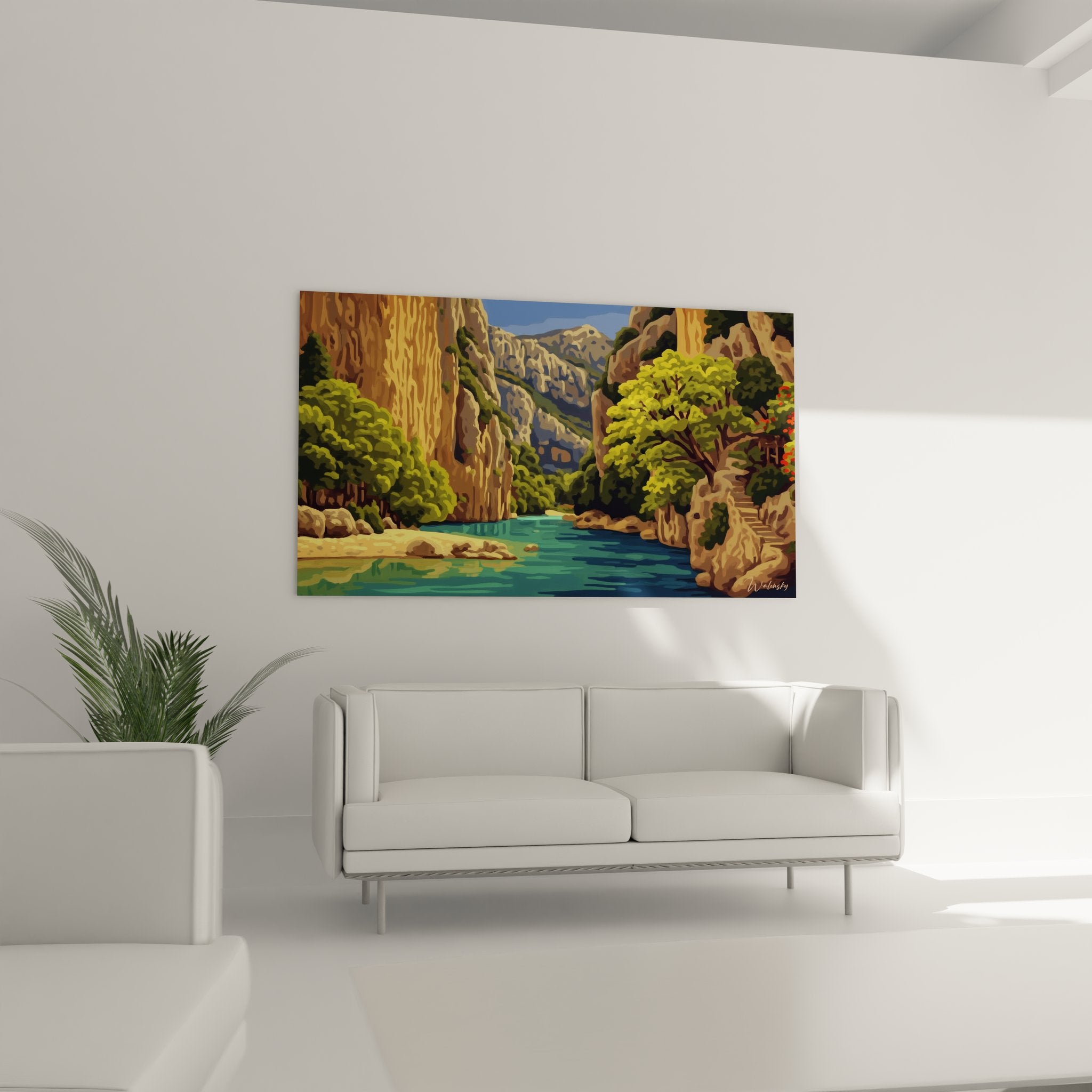Détail tableau canyon tropical, textures rocheuses dorées et reflets turquoise de l'oasis secrète