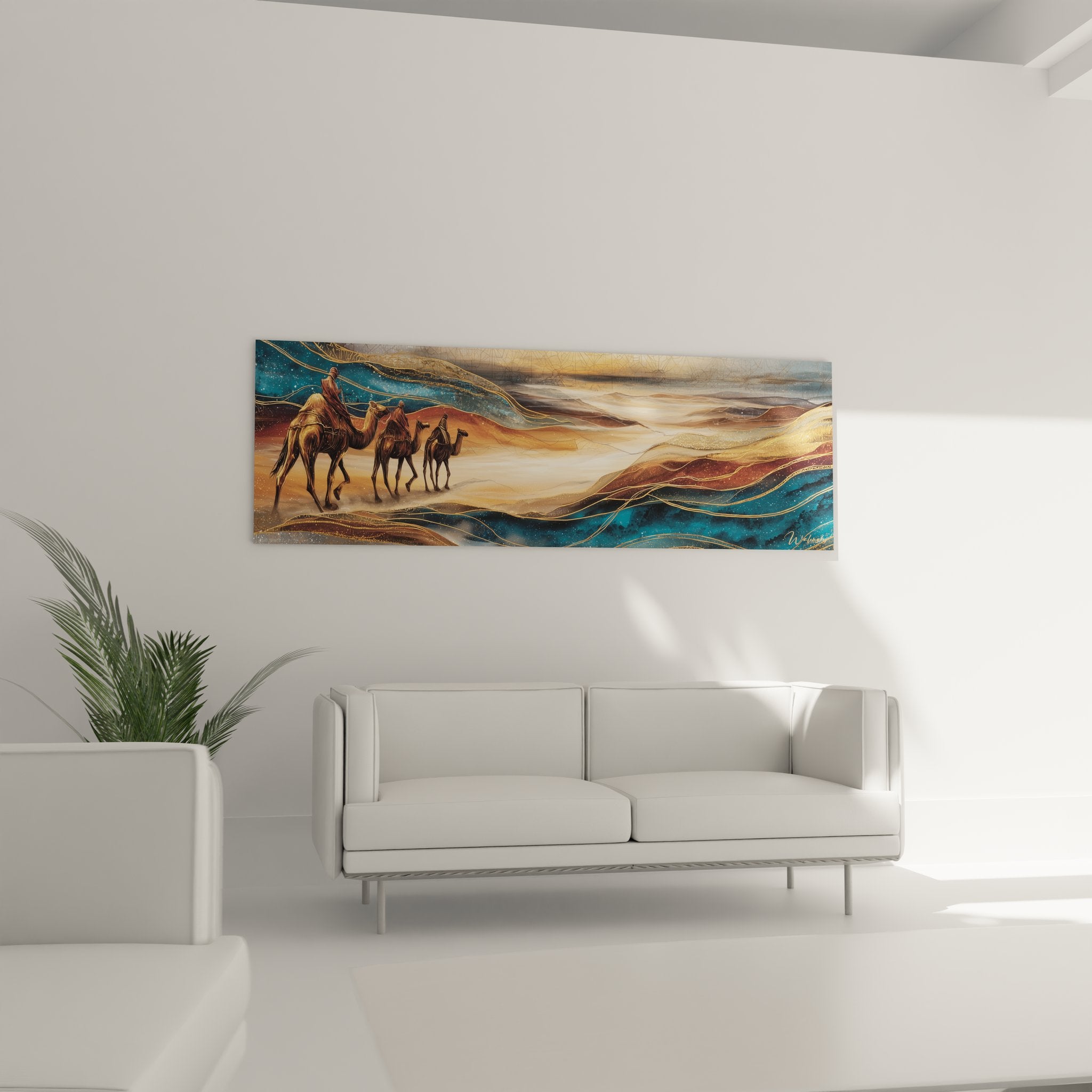 Détail rapproché tableau caravane chameaux désert textures dorées bleues art oriental moderne