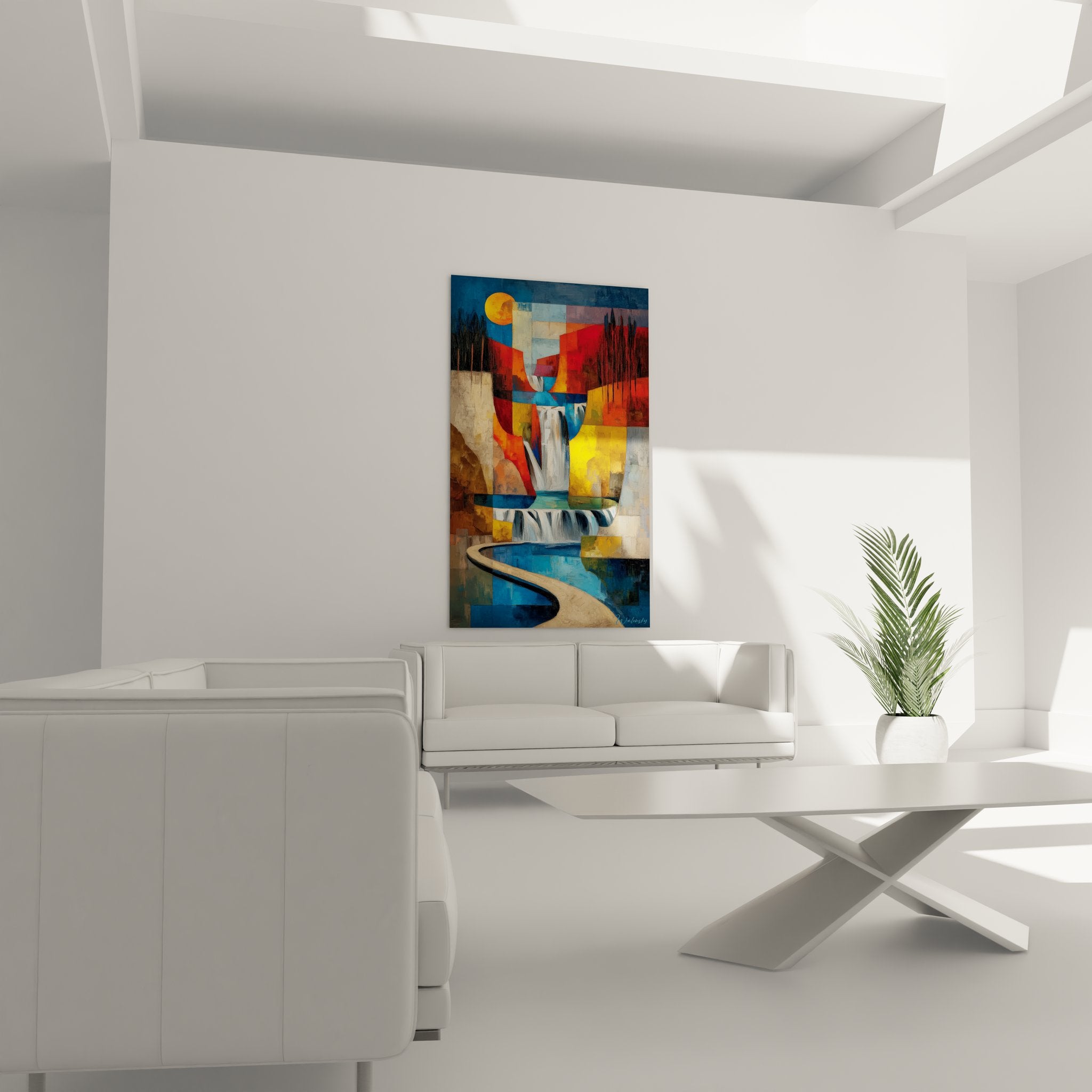 Détail tableau cascade abstraite montrant formes géométriques colorées et chute d'eau stylisée