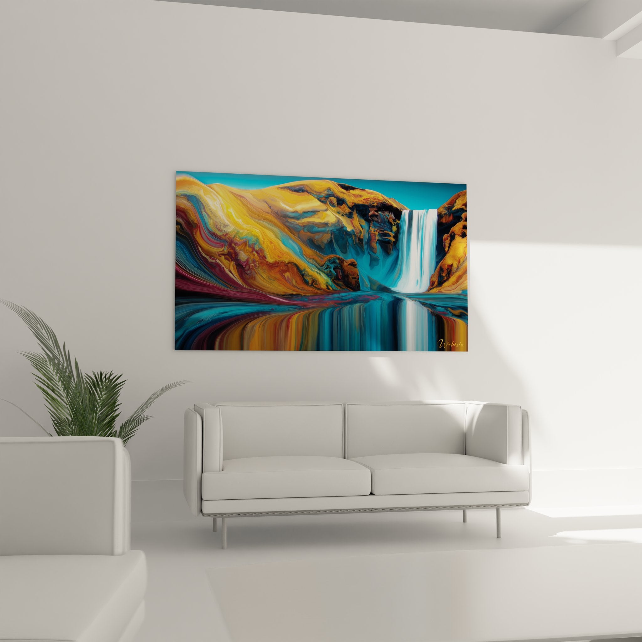 Détail gros plan tableau cascade abstraite montrant textures colorées et effets fluides