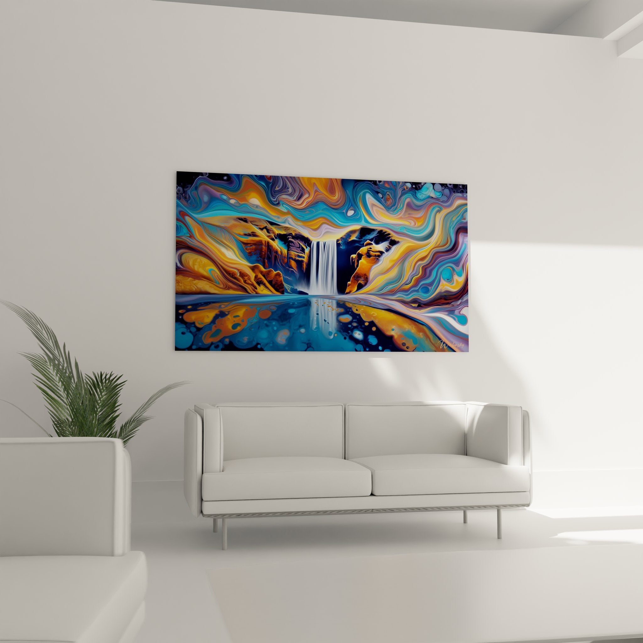 Détail gros plan tableau cascade abstraite montrant textures fluides et couleurs vives