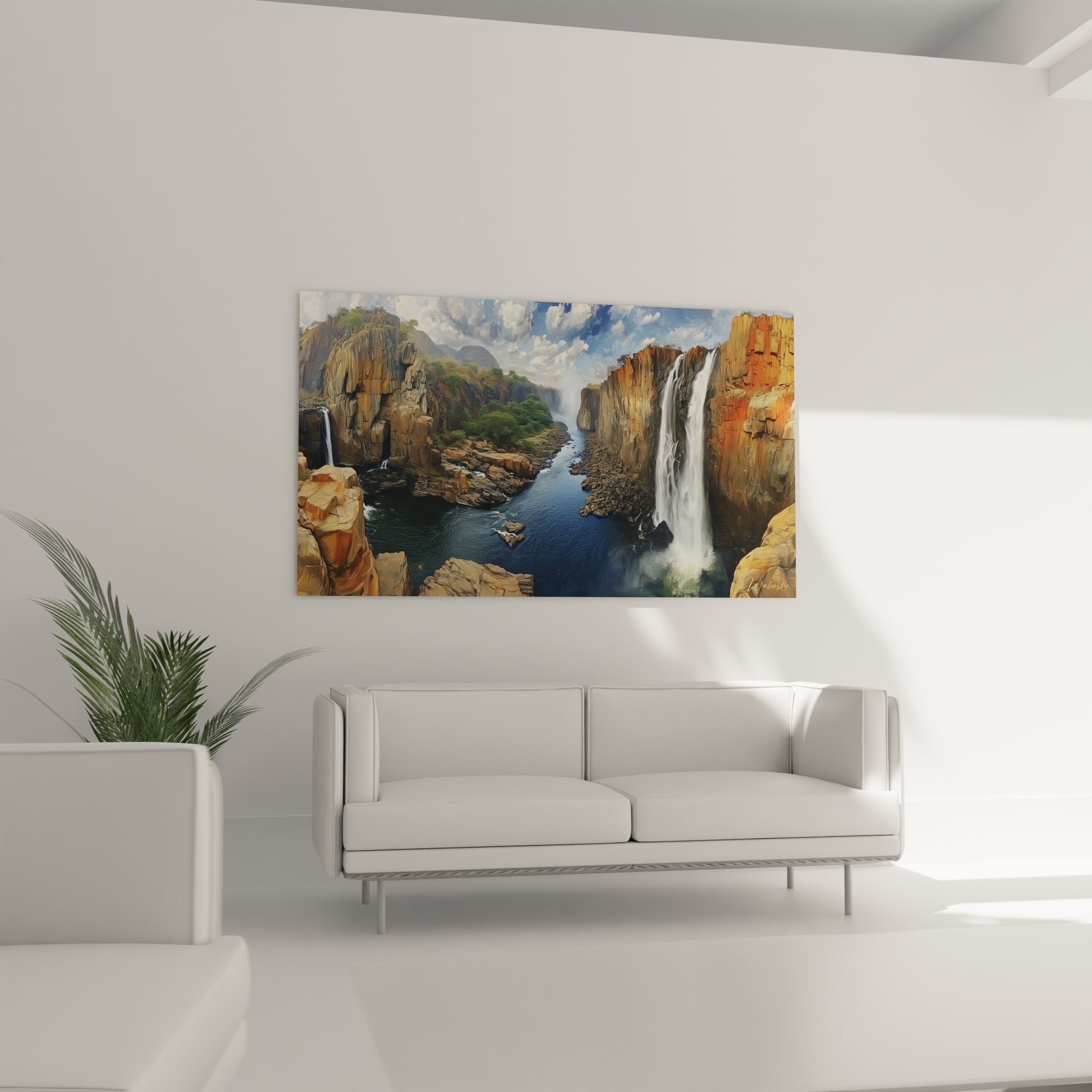 Détail rapproché tableau cascade chutes d'eau canyon, textures rocheuses ocre et bleu