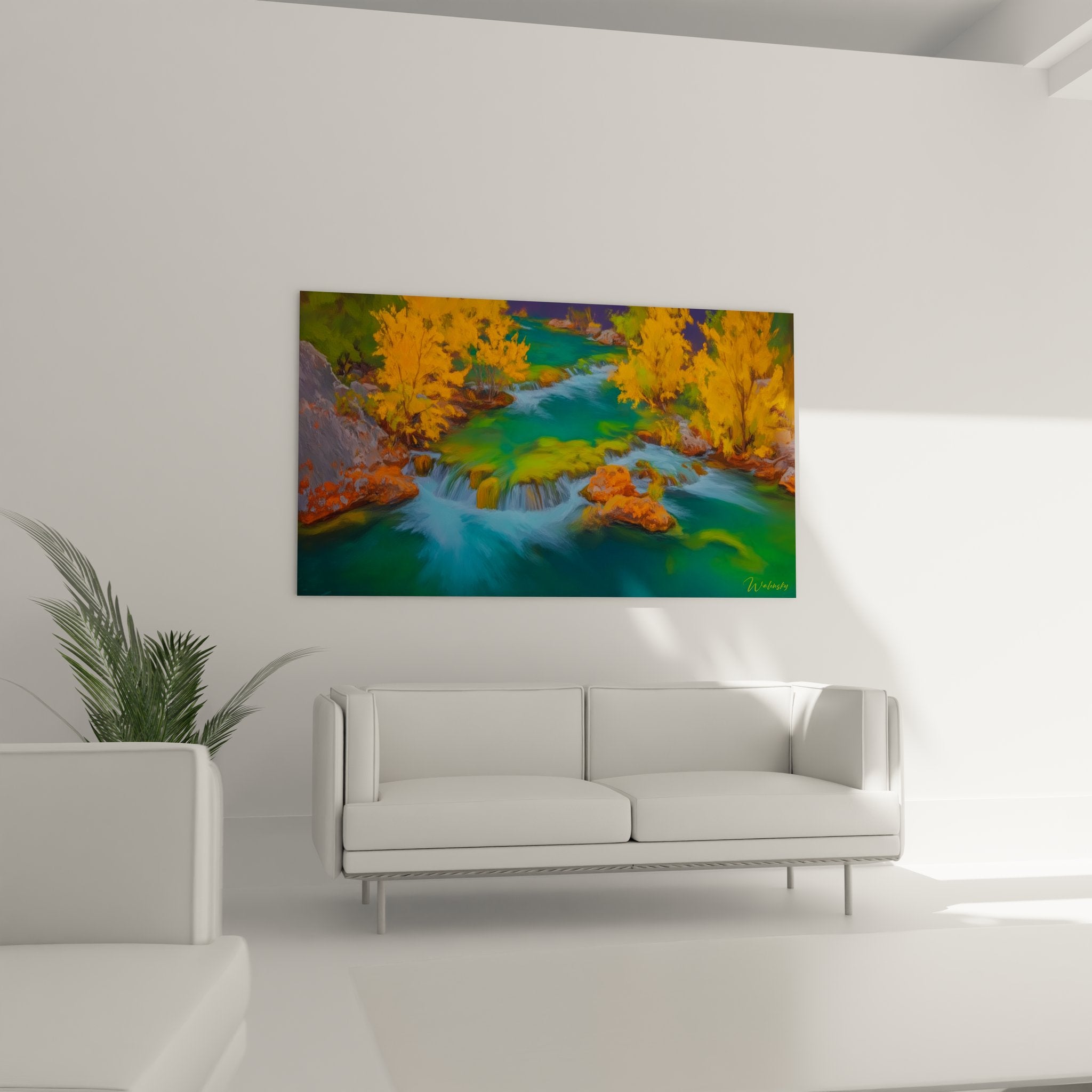 Détail rapproché tableau cascade montrant technique picturale et couleurs automnales éclatantes