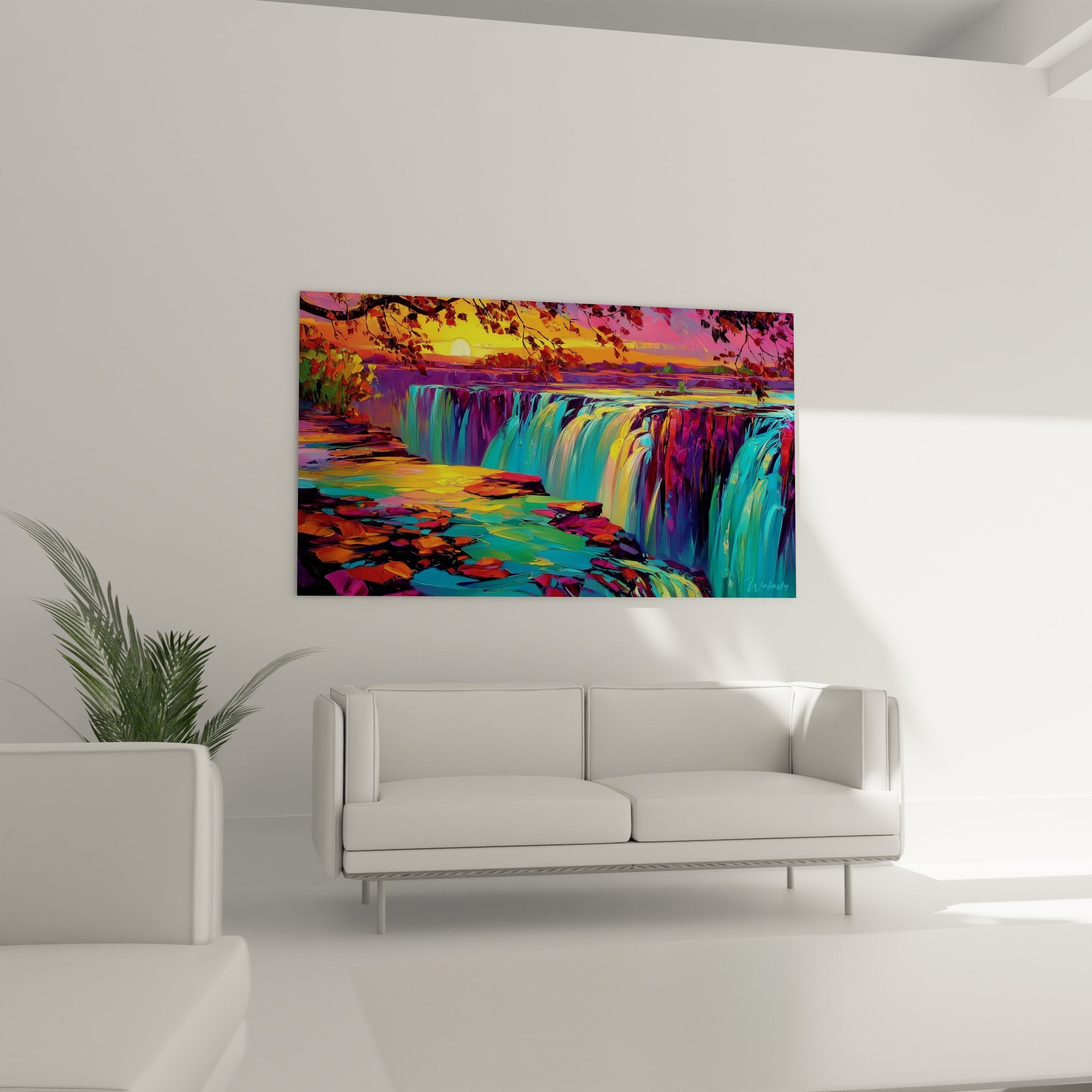 Détail tableau cascade multicolore, peinture moderne aux teintes turquoise et violettes vibrantes