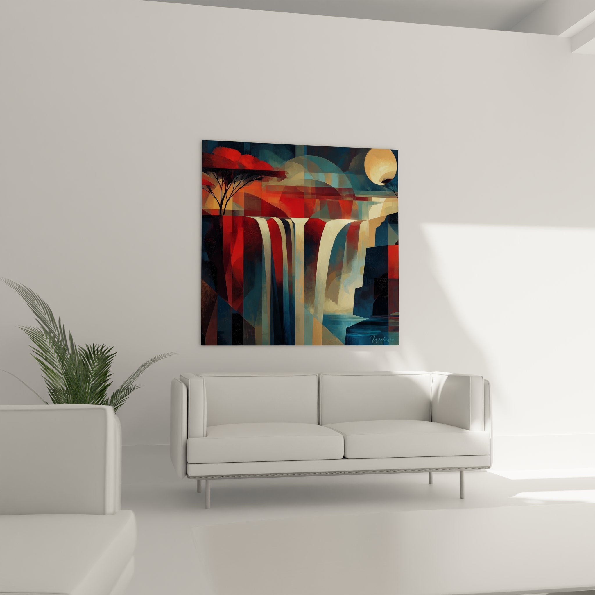 Détail tableau cascade cubiste, superposition formes géométriques colorées technique artistique moderne