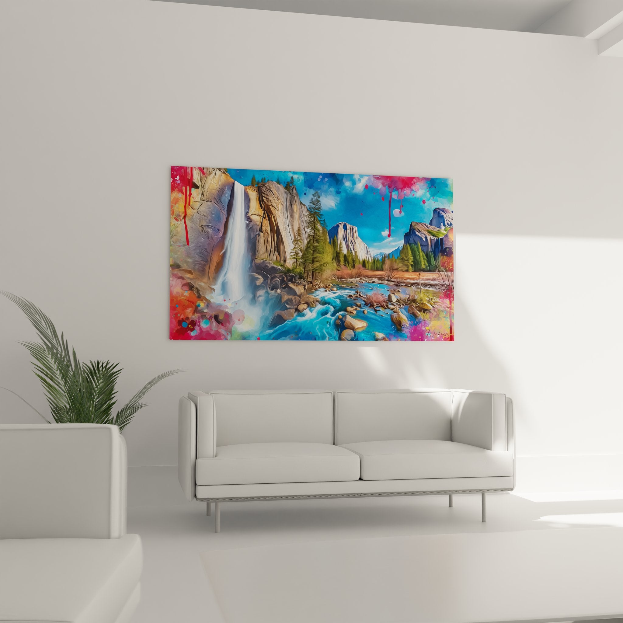 Détail rapproché tableau cascade artistique avec effets colorés abstraits sur paysage naturel