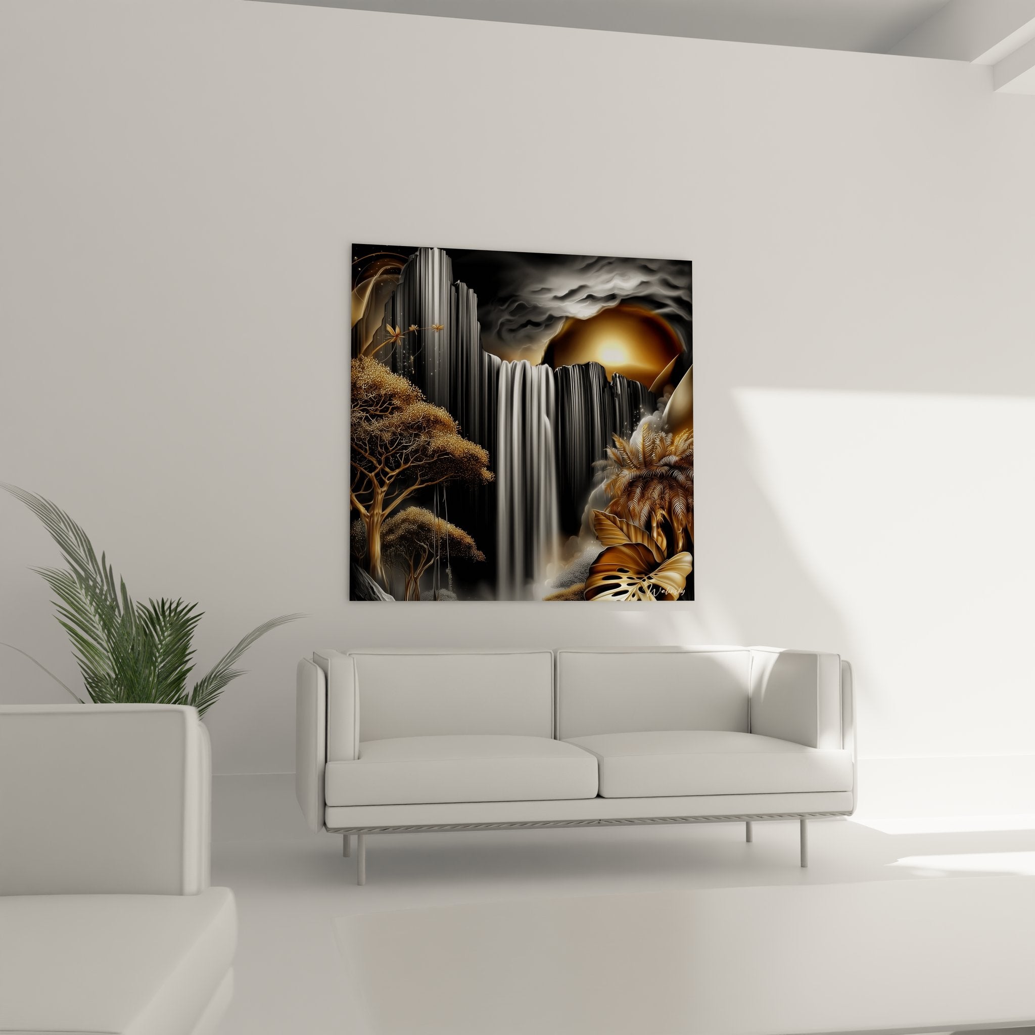 Détail tableau cascade avec feuillages dorés métallisés et textures végétales tropicales raffinées