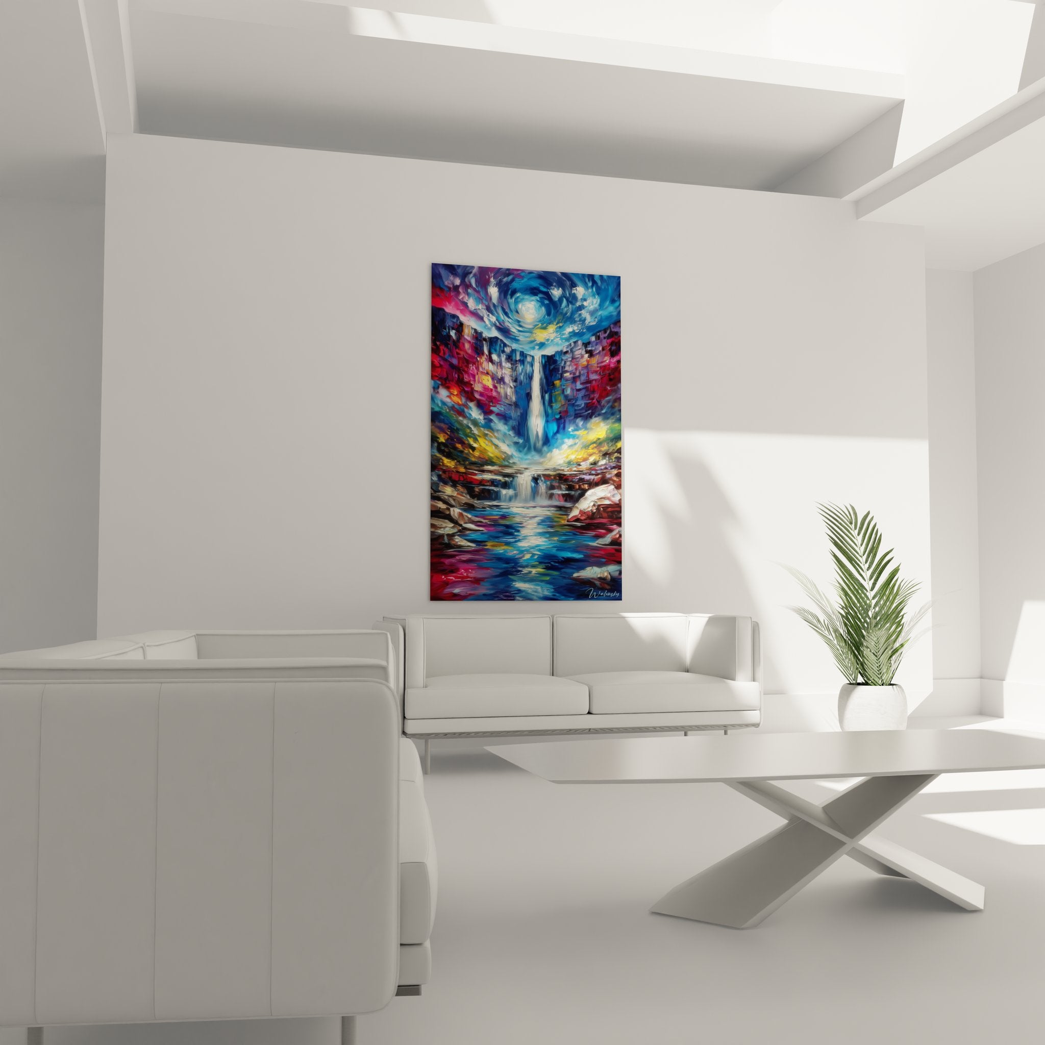 Gros plan détaillé tableau cascade parois rocheuses colorées art mural surréaliste