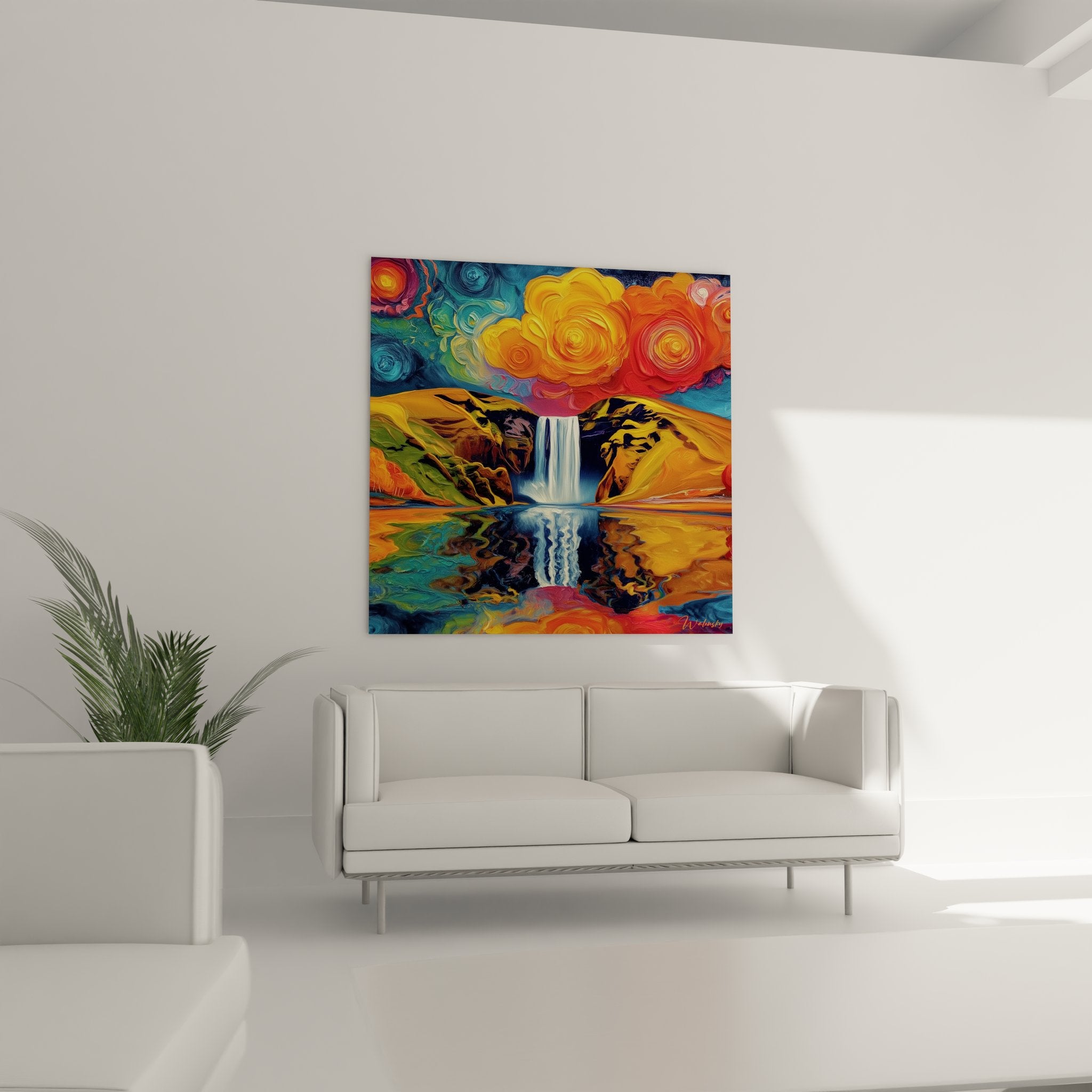 Détail tableau cascade peinture expressionniste couleurs vives texture artistique œuvre moderne