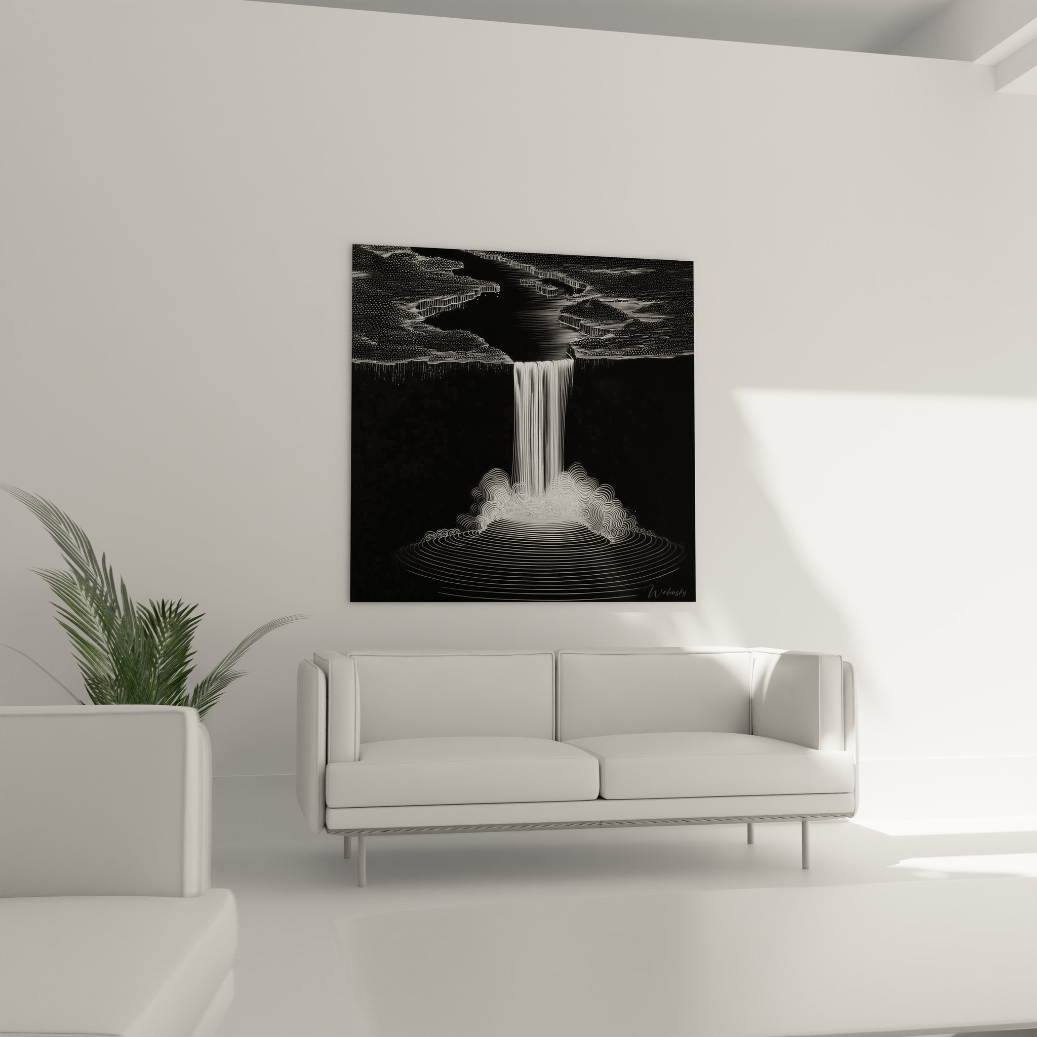 Détail gros plan tableau cascade stylisée, lignes blanches graphiques sur fond noir