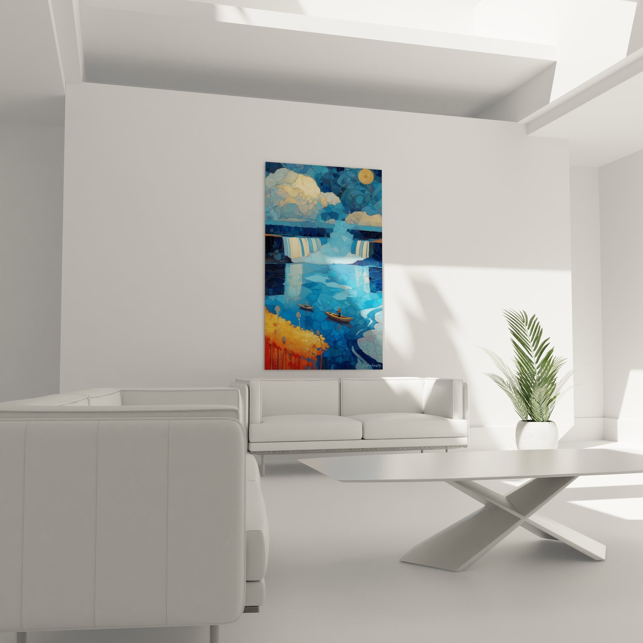 Détail rapproché tableau cascade montrant texture et technique artistique chute d'eau stylisée