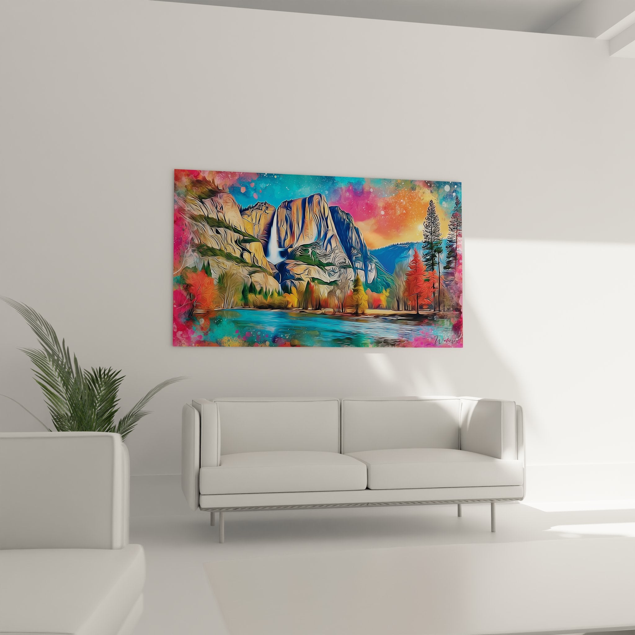 Détail tableau cascade montrant texture artistique et couleurs saturées