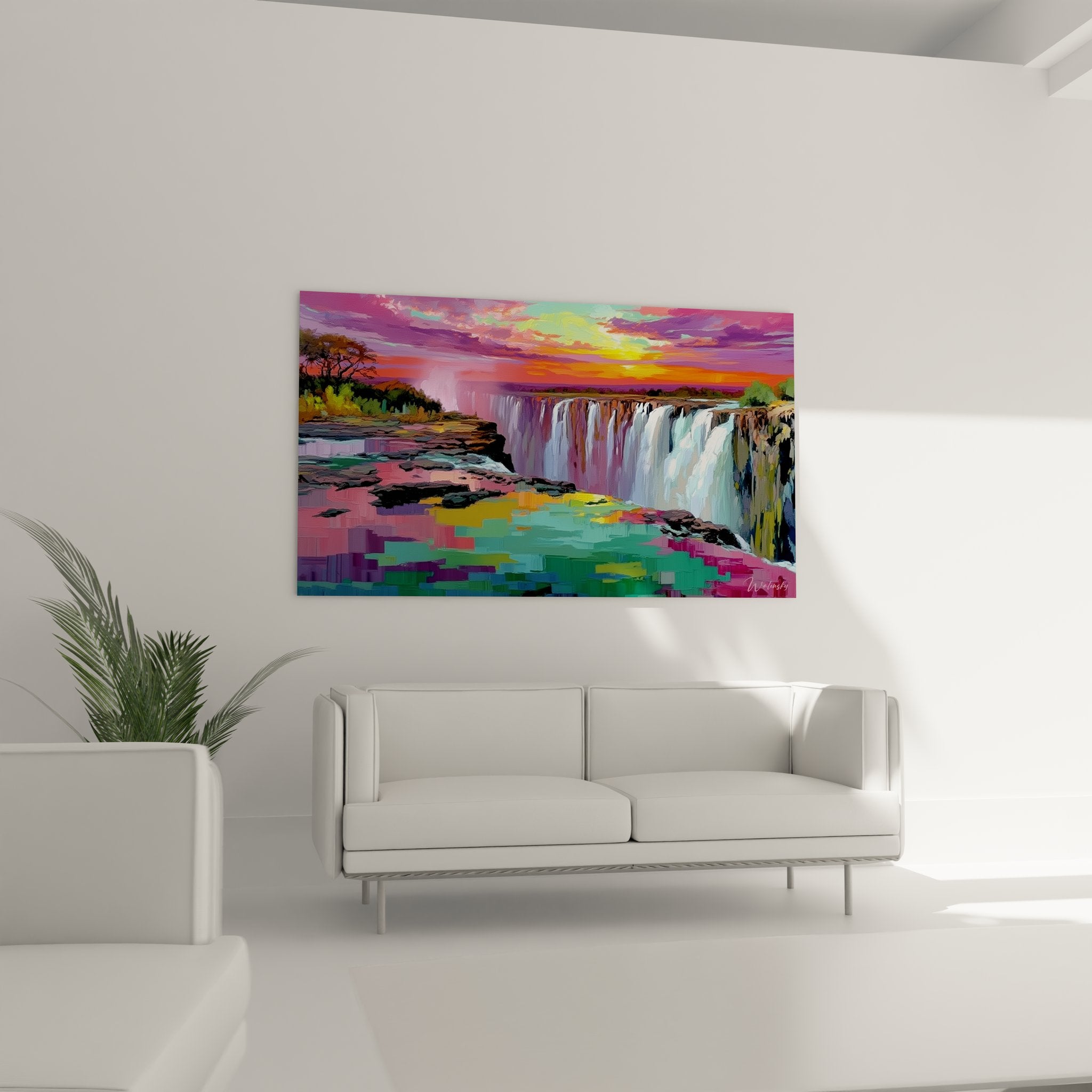 Détail rapproché tableau cascade montrant textures eau et rochers aux couleurs vives