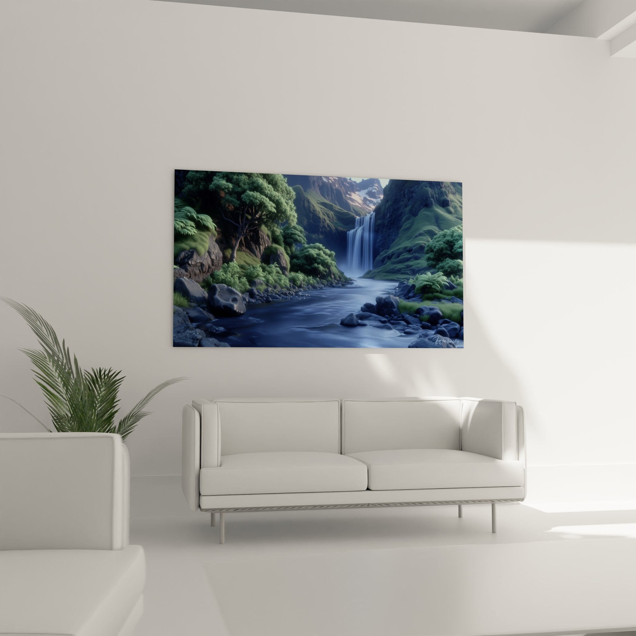 Détail tableau cascade tropicale, rendu réaliste de l'eau et végétation verdoyante haute qualité