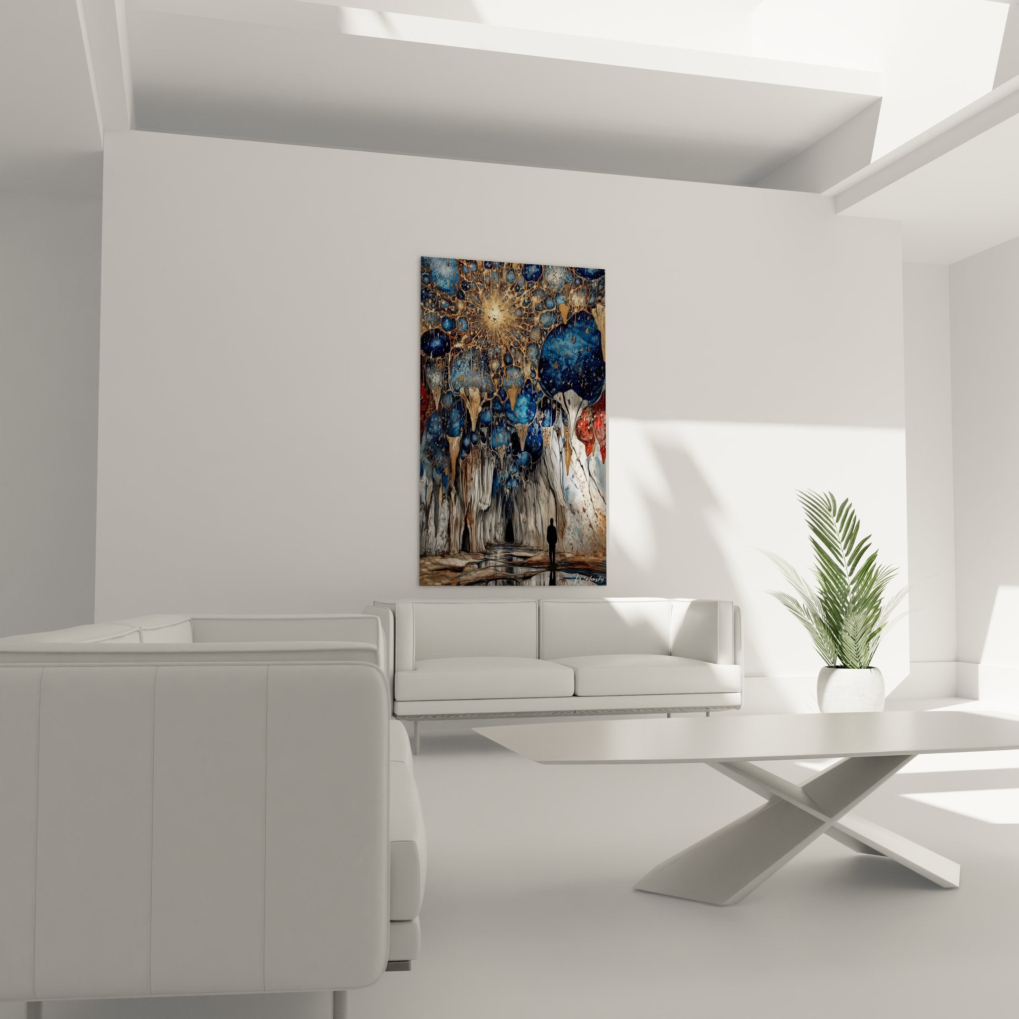 Détail rapproché tableau cathédrale souterraine montrant ornements dorés et formations rocheuses bleues