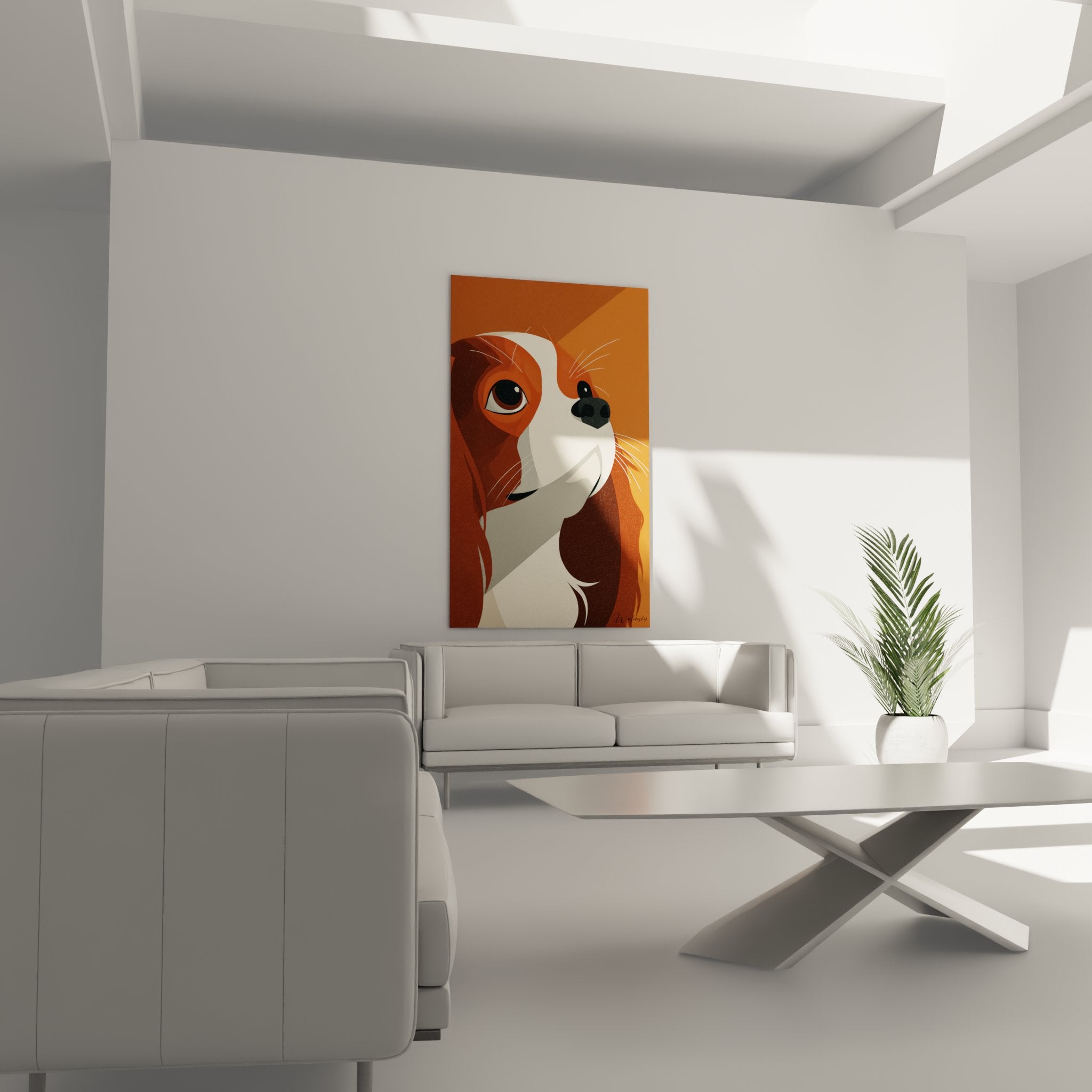 Detail portrait cavalier king charles stylise couleurs orangees regard expressif art contemporain