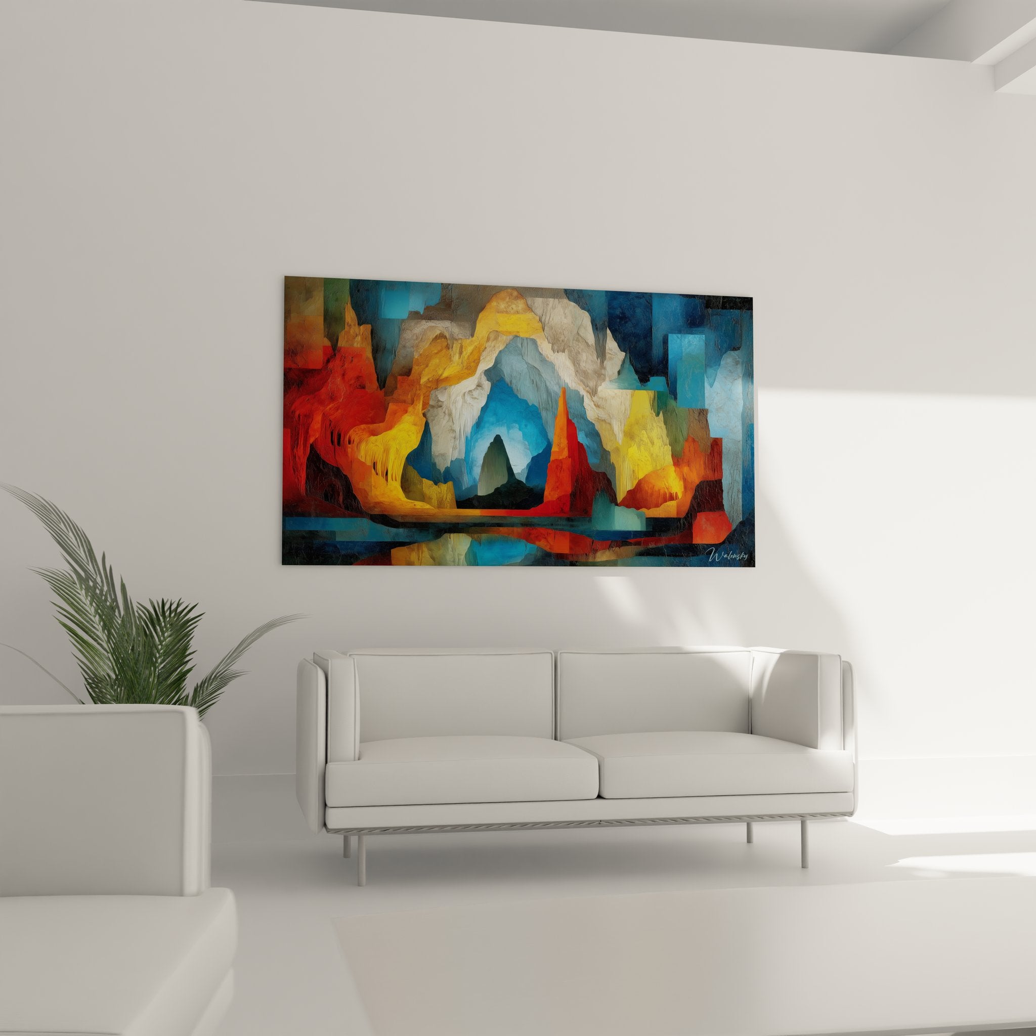 Détail tableau caverne formations calcaires stalactites couleurs vives artistiques