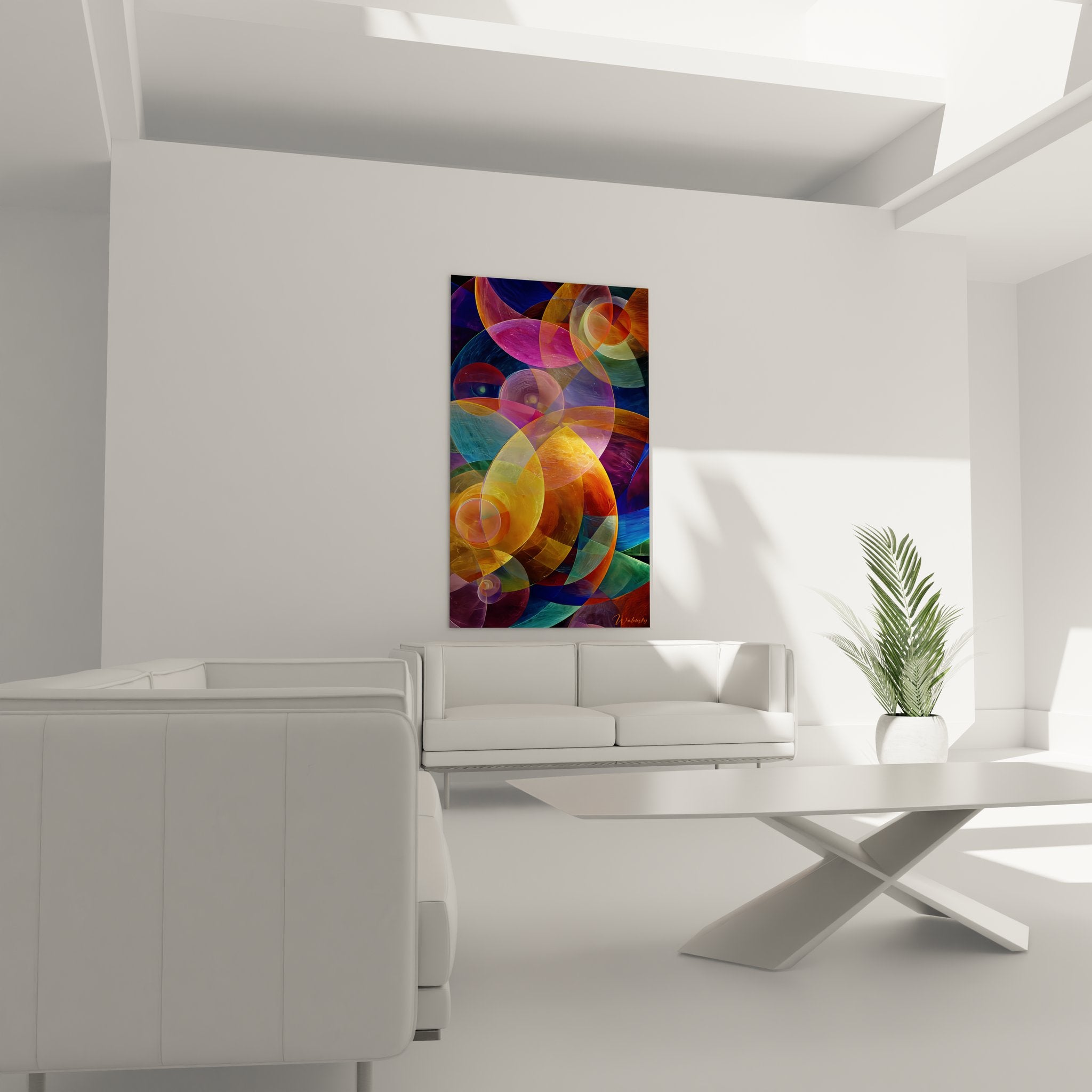 Détail rapproché tableau abstrait géométrique cercles colorés superposés art contemporain mural