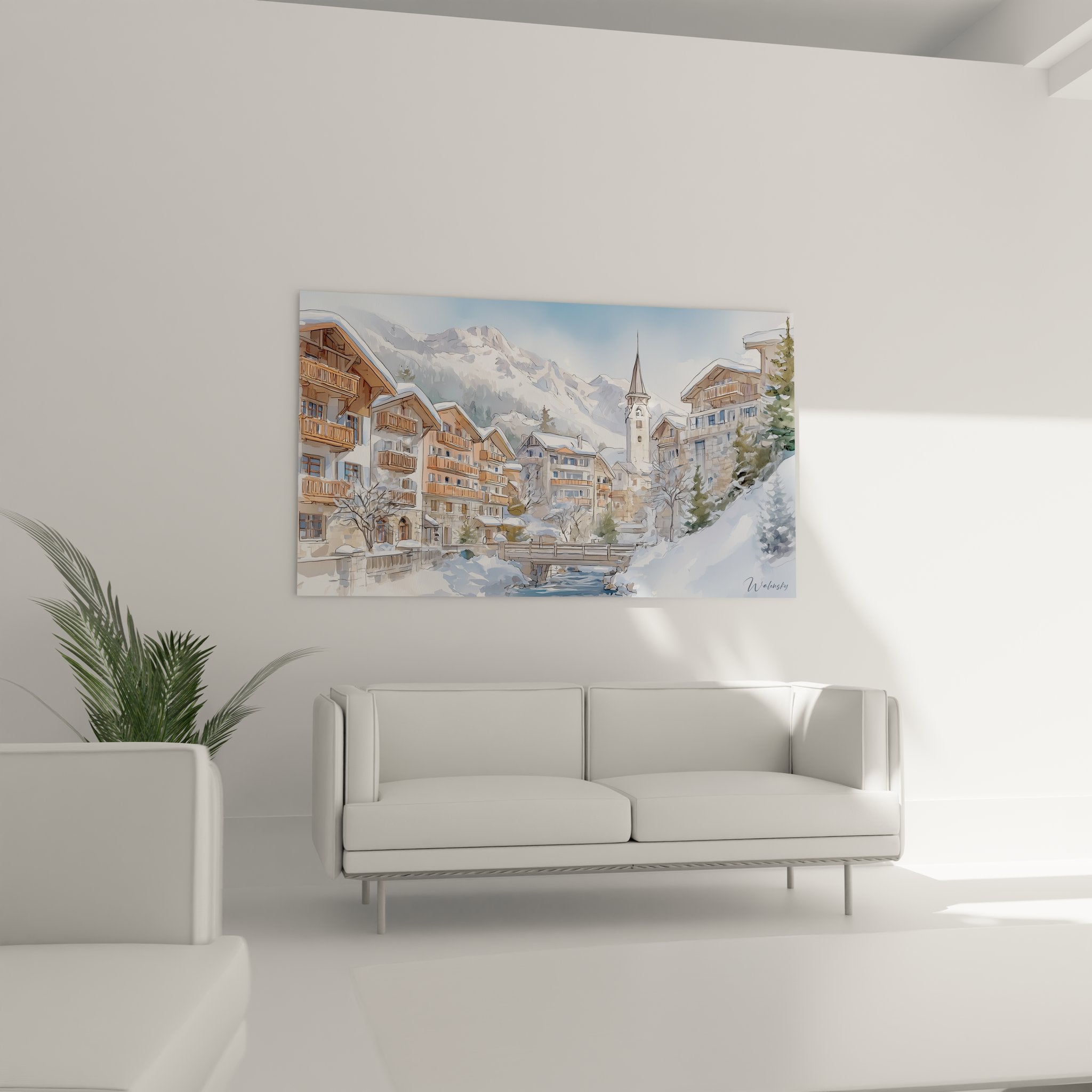 Détail tableau village alpin montrant architecture traditionnelle chalets bois et neige