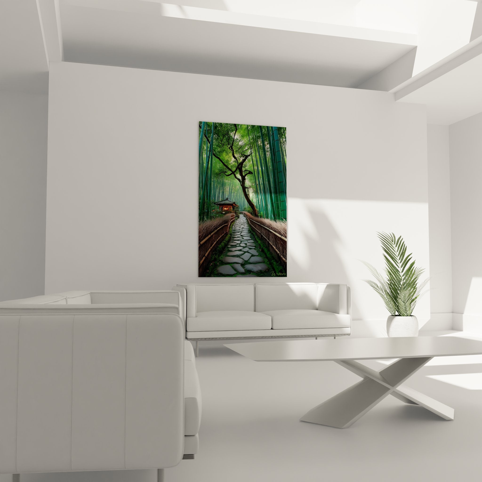 Détail gros plan tableau chemin pierres japonaises bambous avec texture naturelle et lumière dorée filtrée