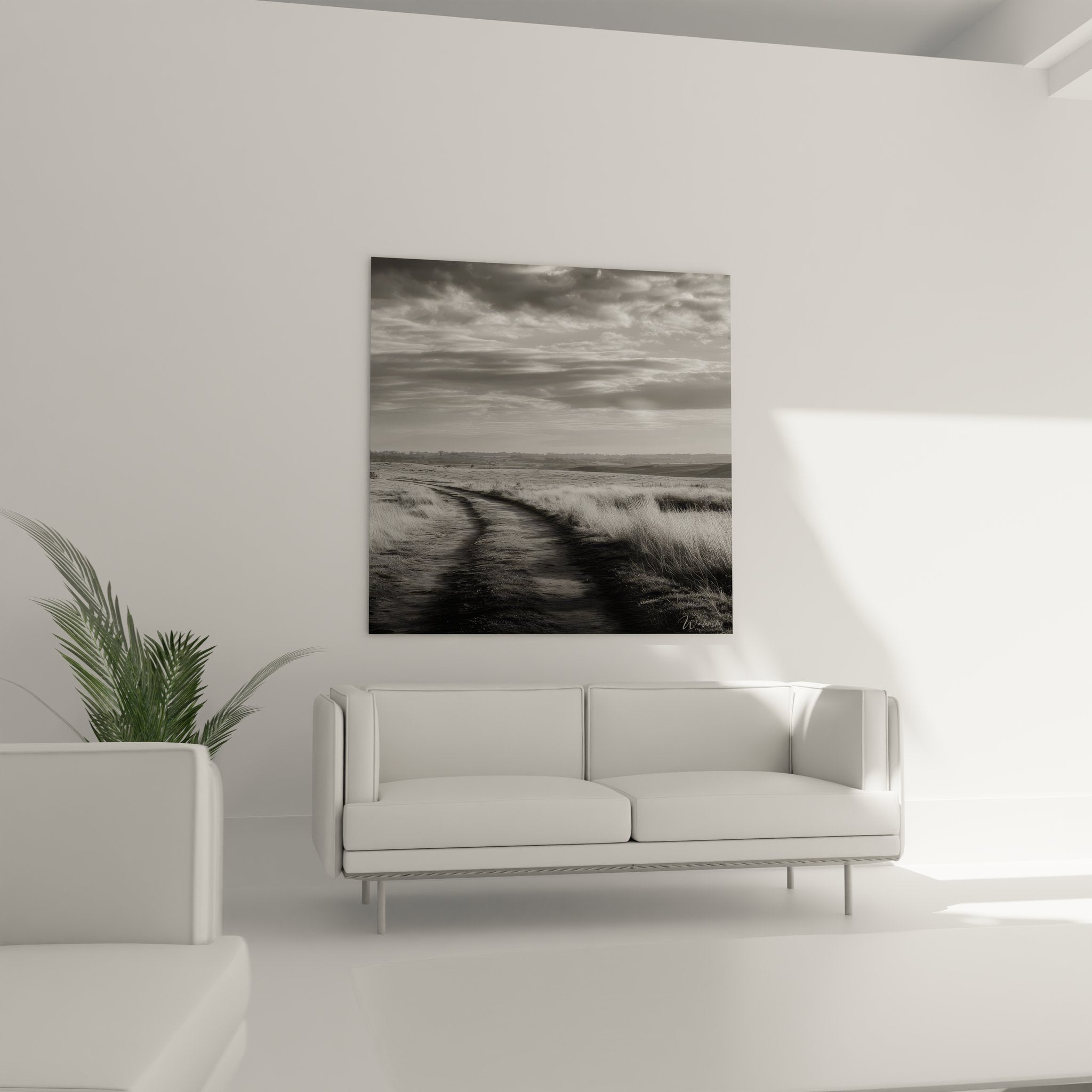 Détail tableau sentier rural montrant texture terre battue et herbes sauvages en noir et blanc