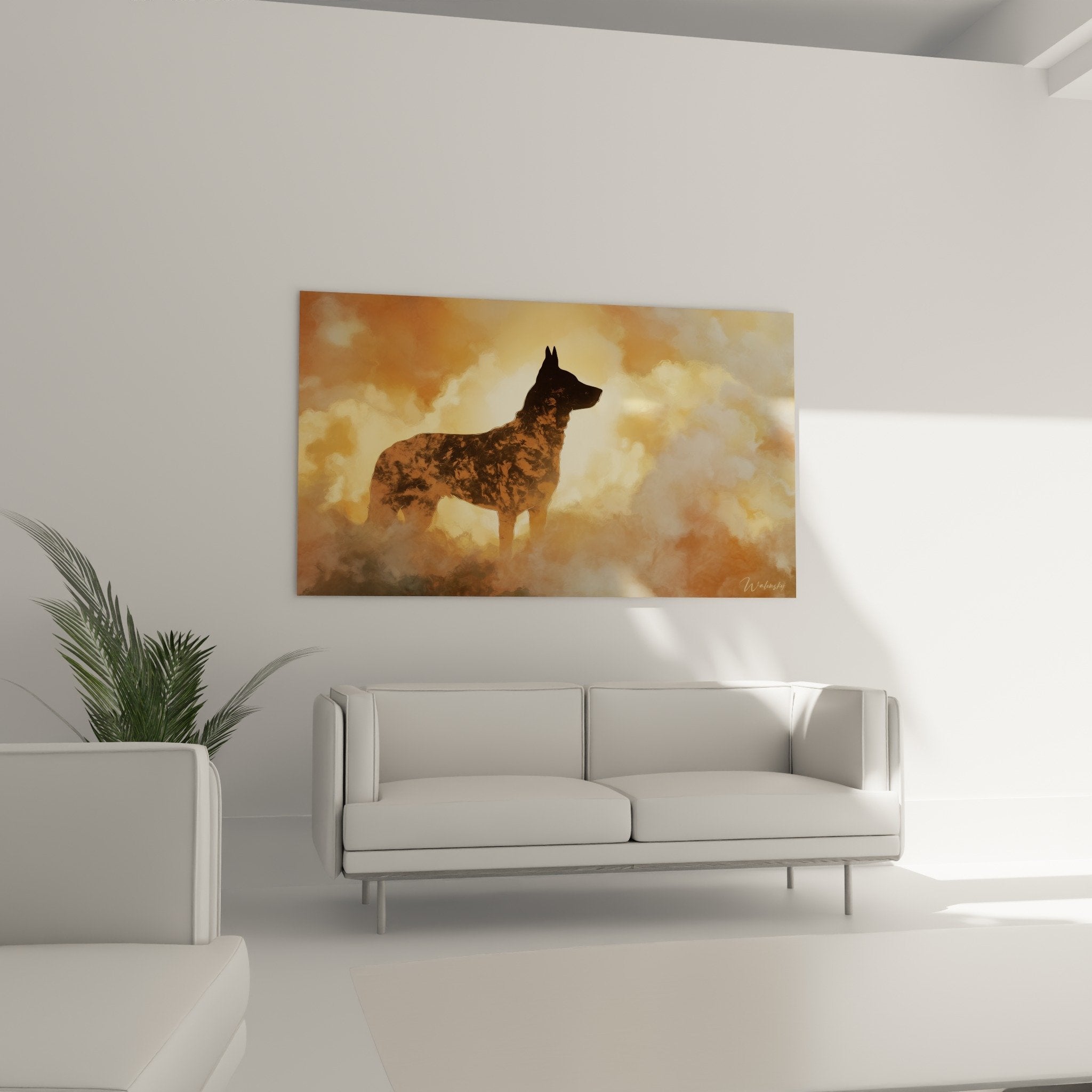 Detail tableau silhouette canine nuages oranges texture artistique peinture moderne Berger Hollandais
