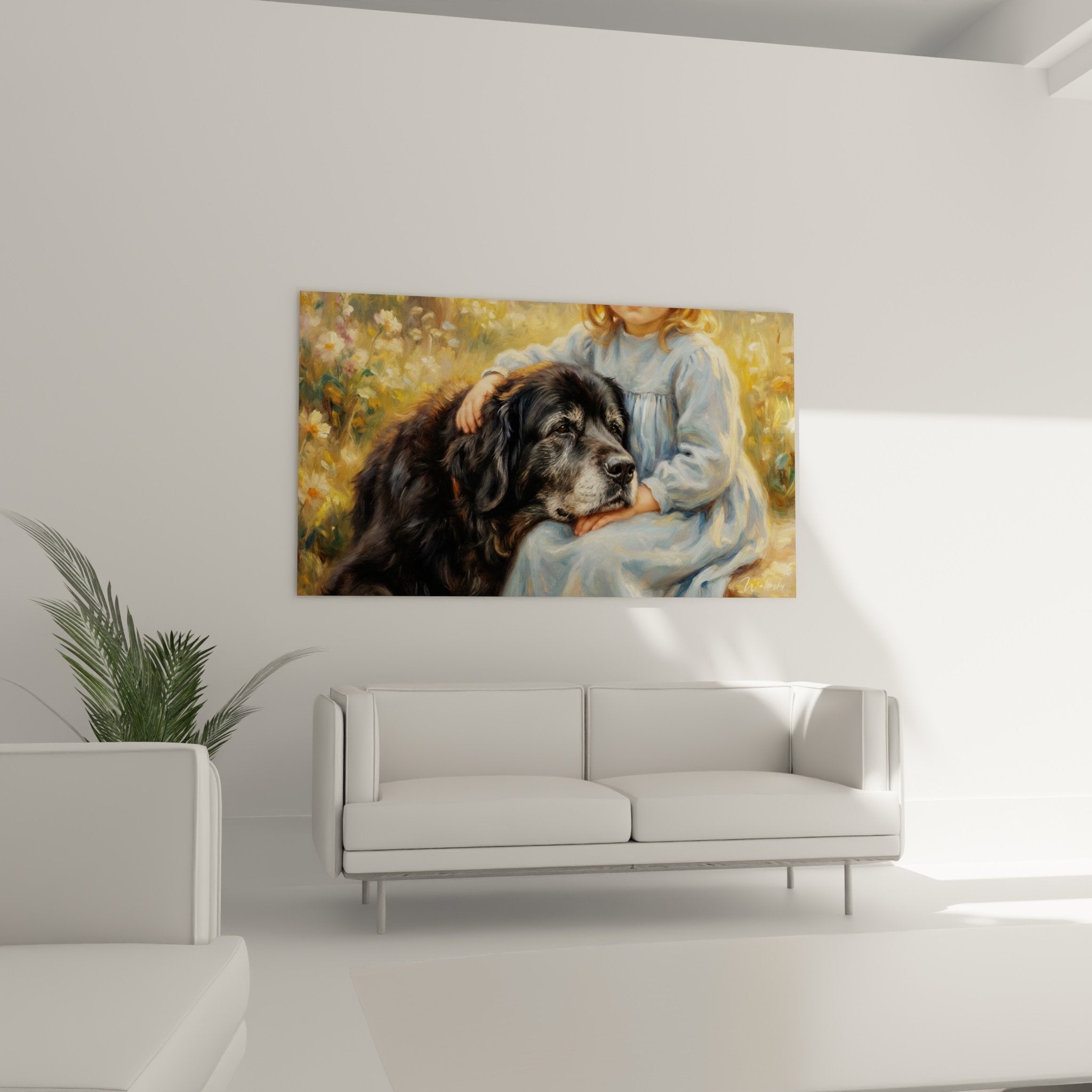 Gros plan sur tableau montrant les détails du pelage noir du Terre Neuve et la robe bleue de l'enfant