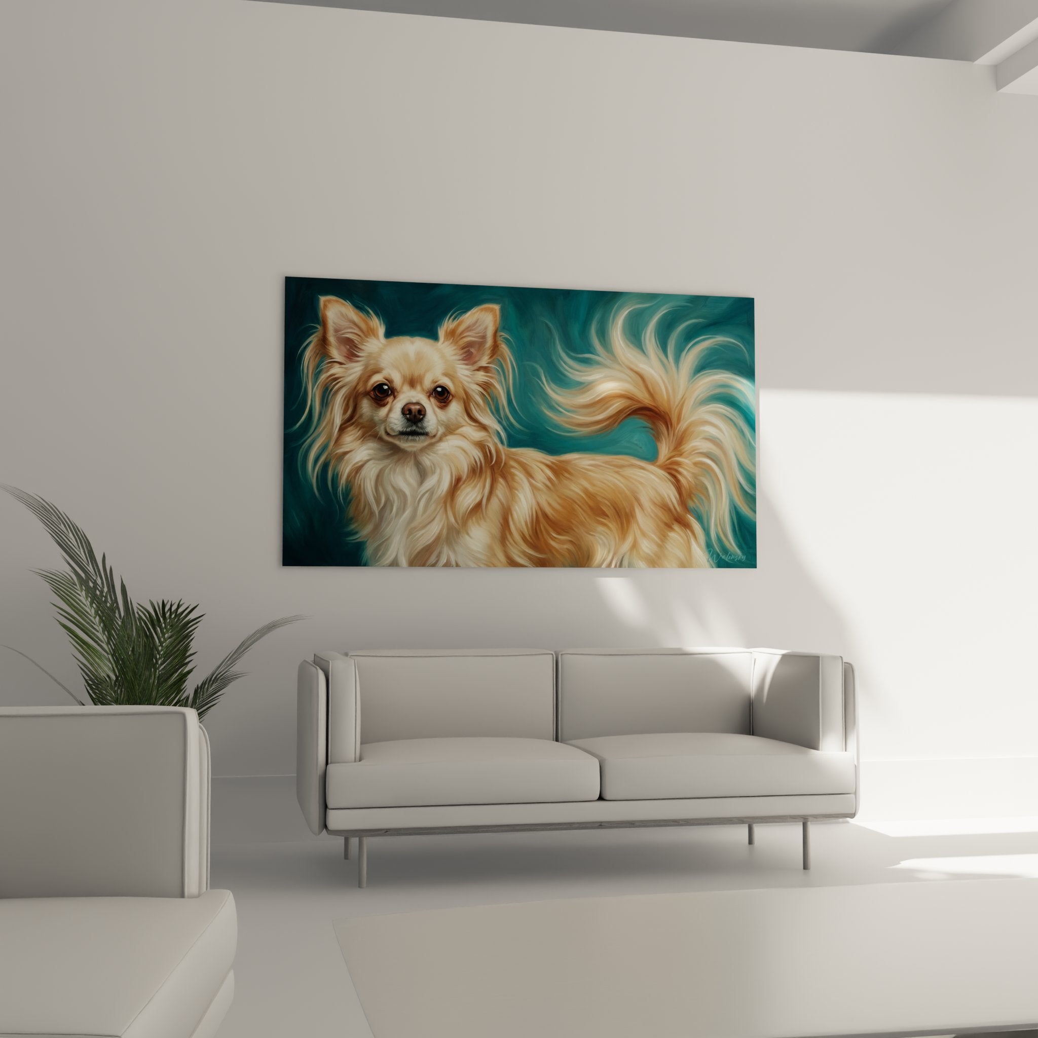 Détail tableau chihuahua pelage doré reflets lumineux, technique peinture numérique raffinée