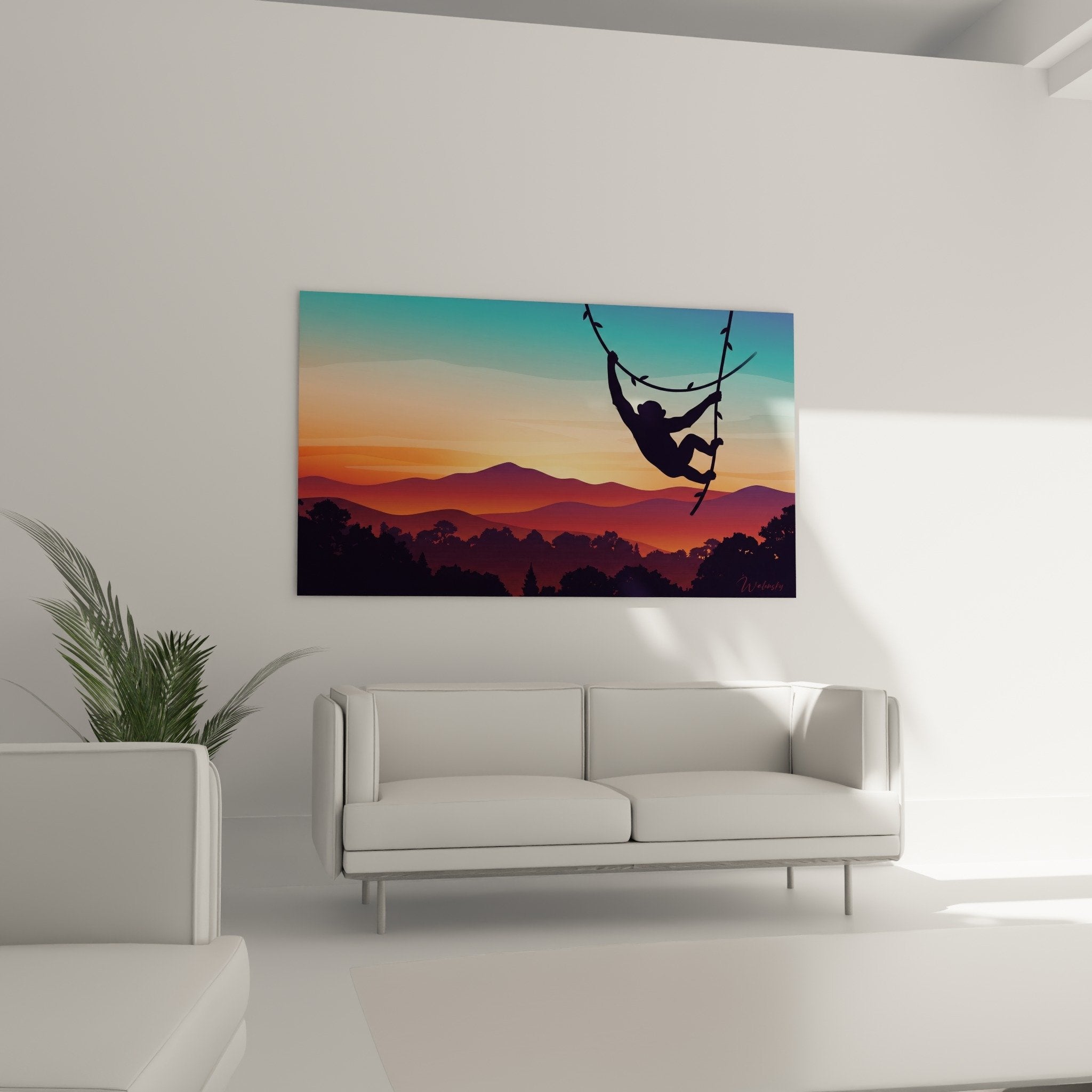 Détail tableau chimpanzé silhouette suspendue ciel dégradé orange turquoise qualité impression art mural nature