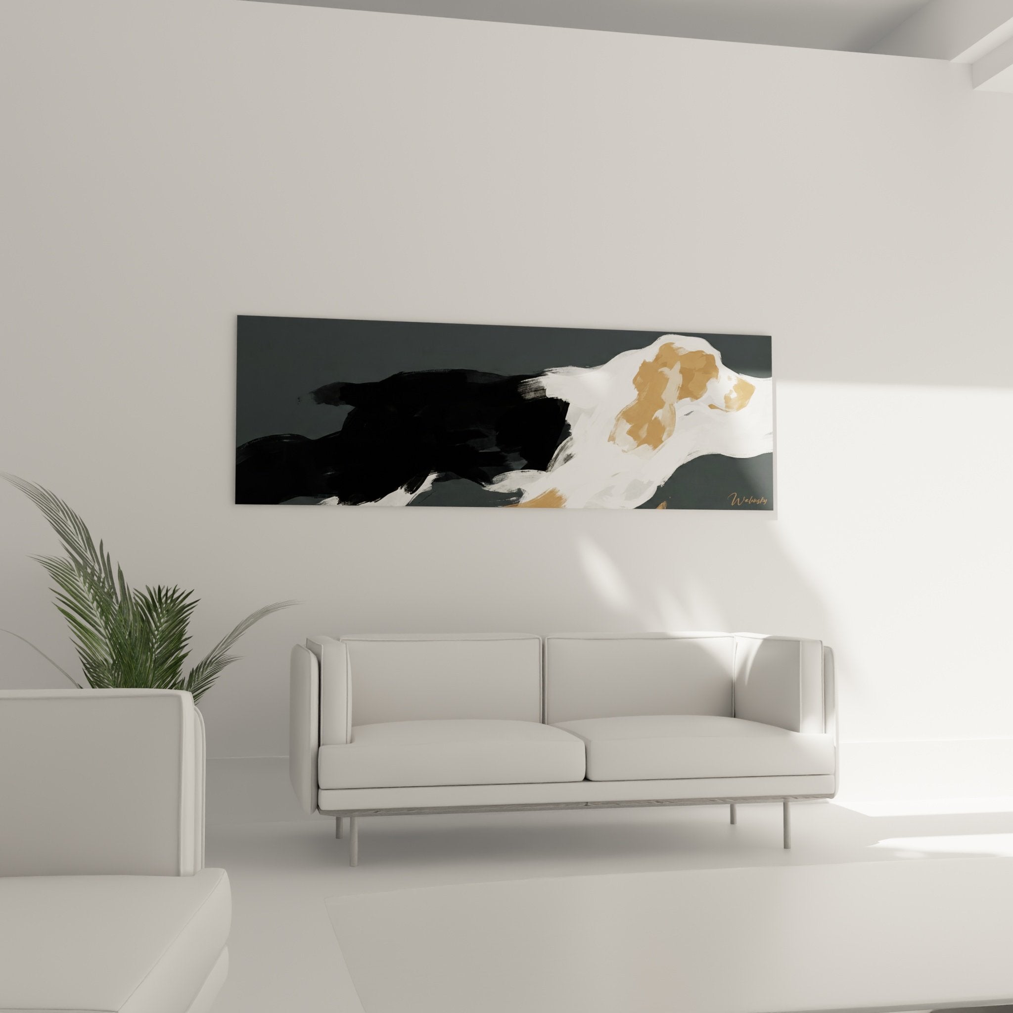 Détail rapproché tableau Cocker Anglais abstrait techniques picturales blanches touches dorées sur fond gris nuancé