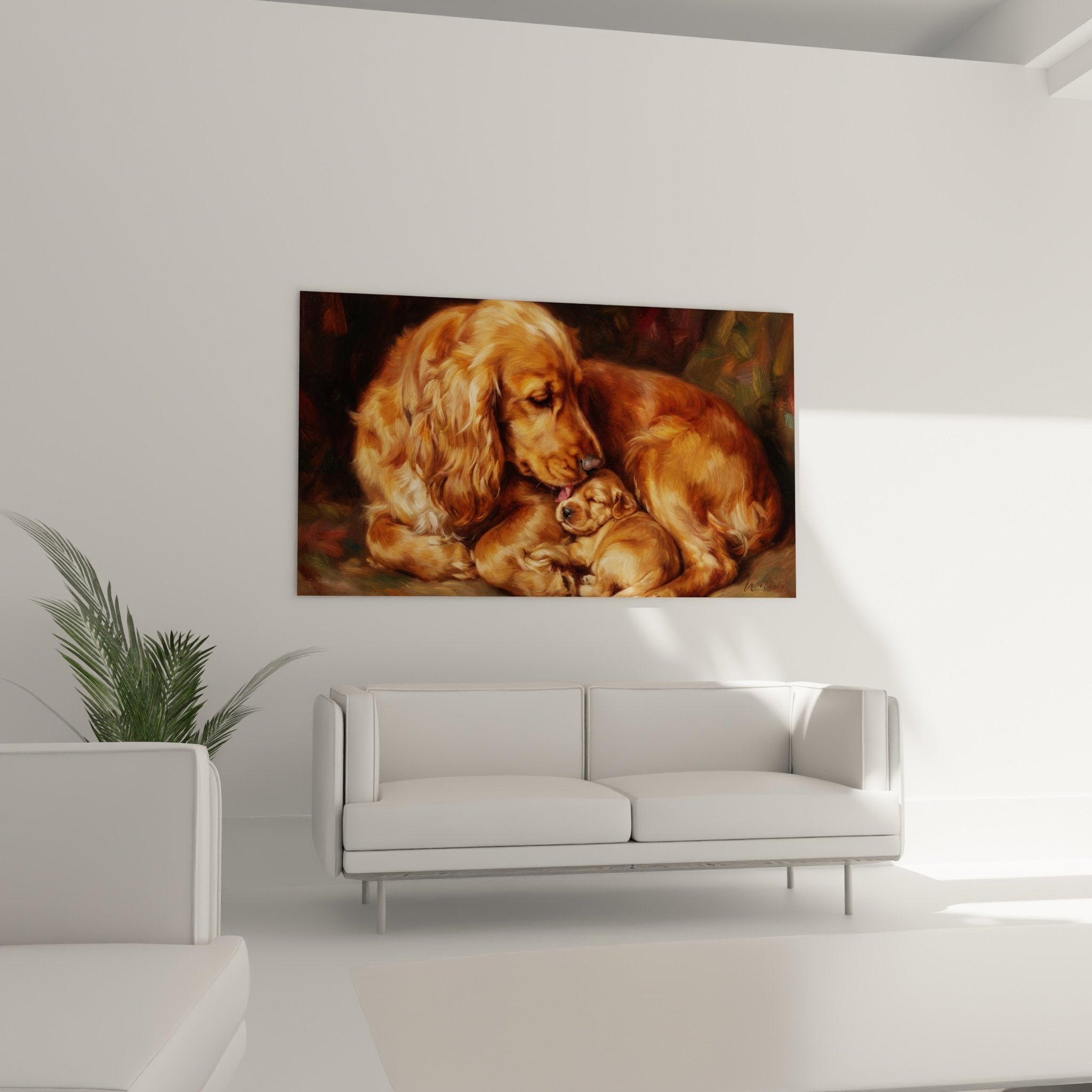 Détail pinceau tableau cocker anglais - texture pelage doré et expression maternelle tendre