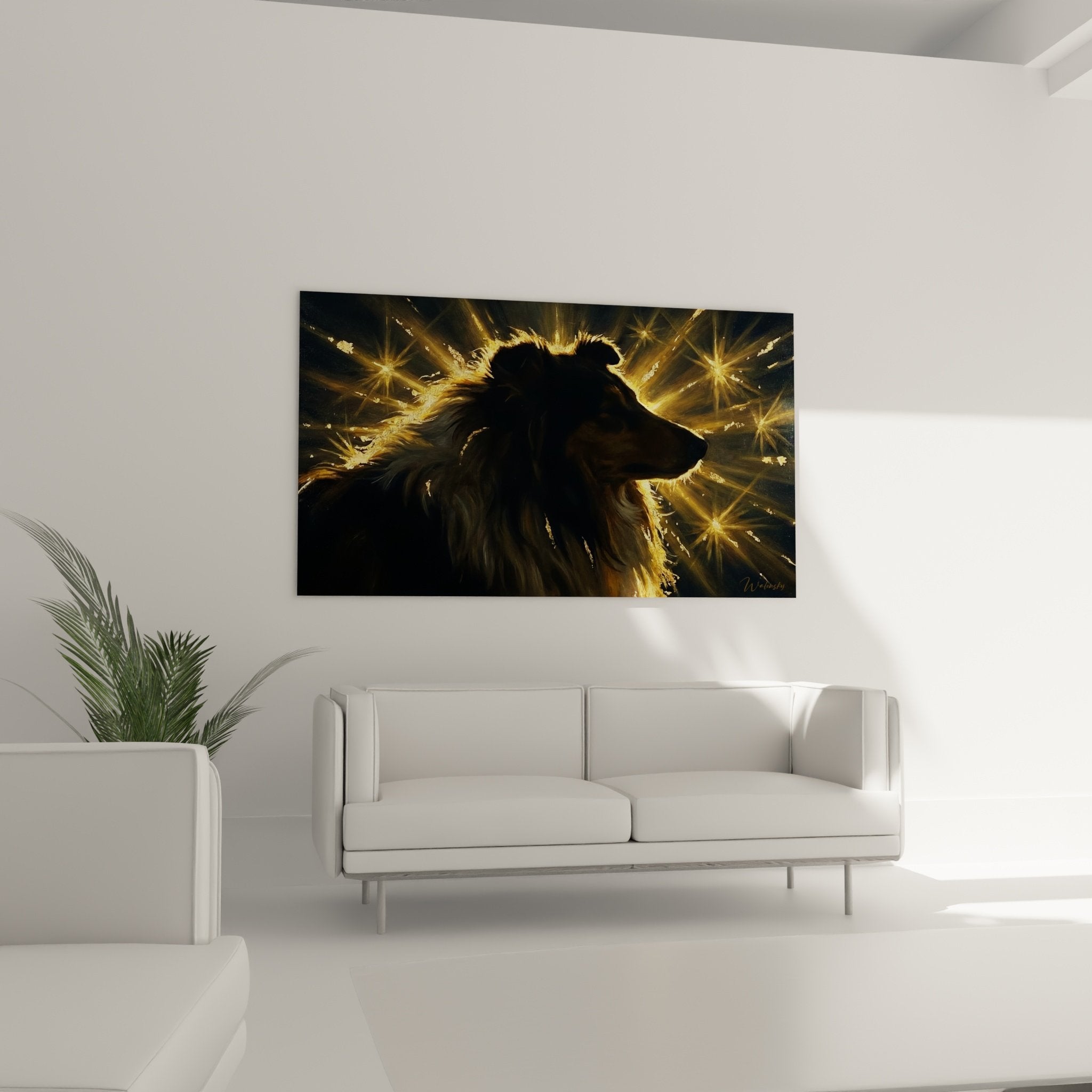 Détail rapproché tableau Collie montrant les effets de lumière dorée sur le pelage