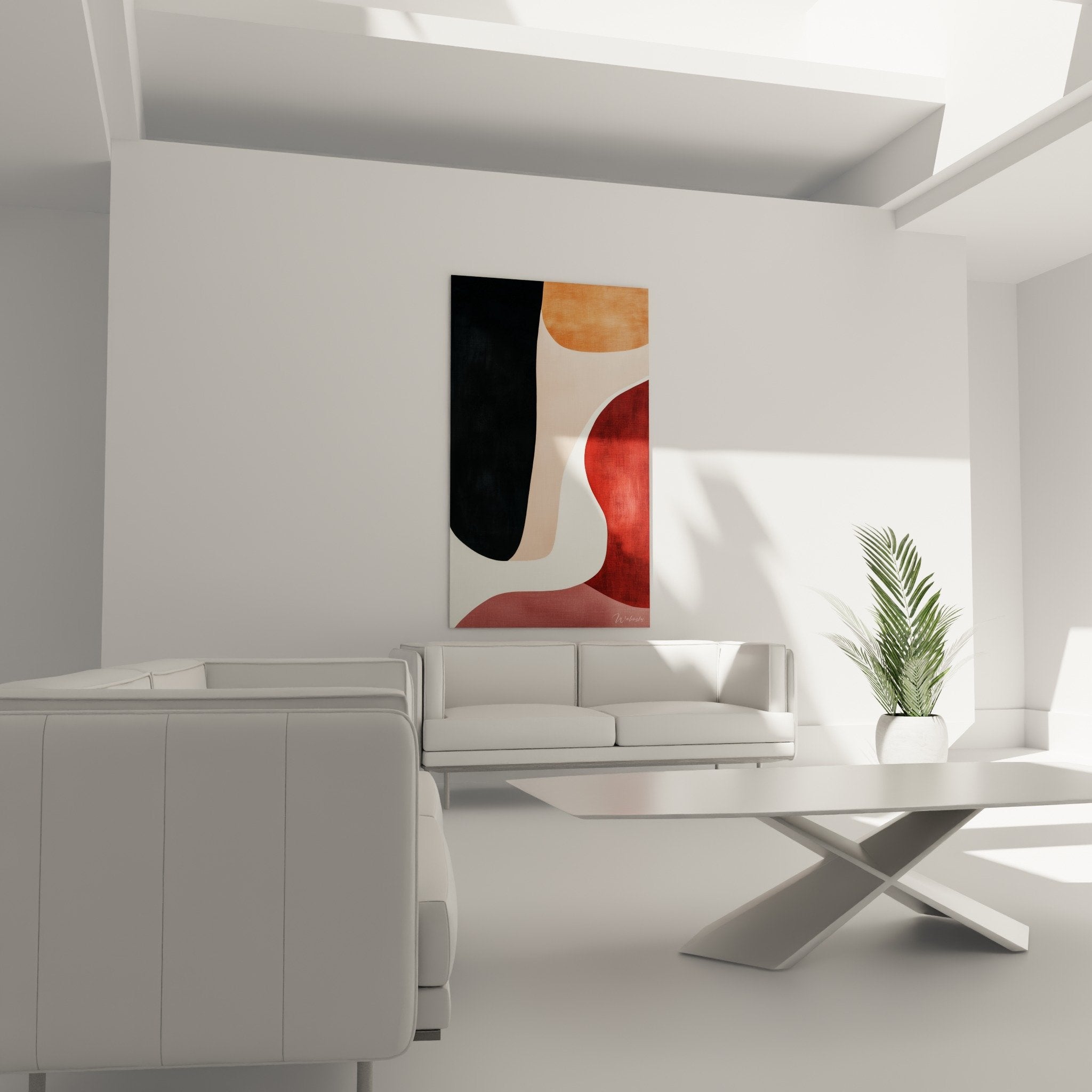 Detail tableau composition geometrique orange rouge noir textures couleurs nuances contemporaines