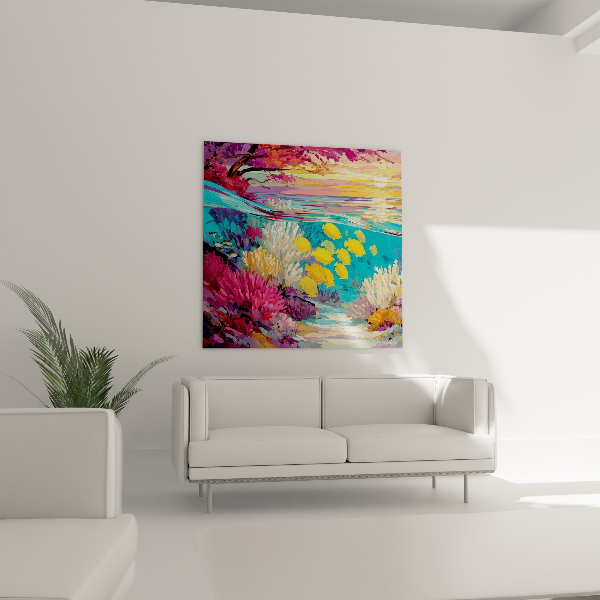 Détail rapproché tableau coraux multicolores et poissons tropicaux jaunes peinture marine