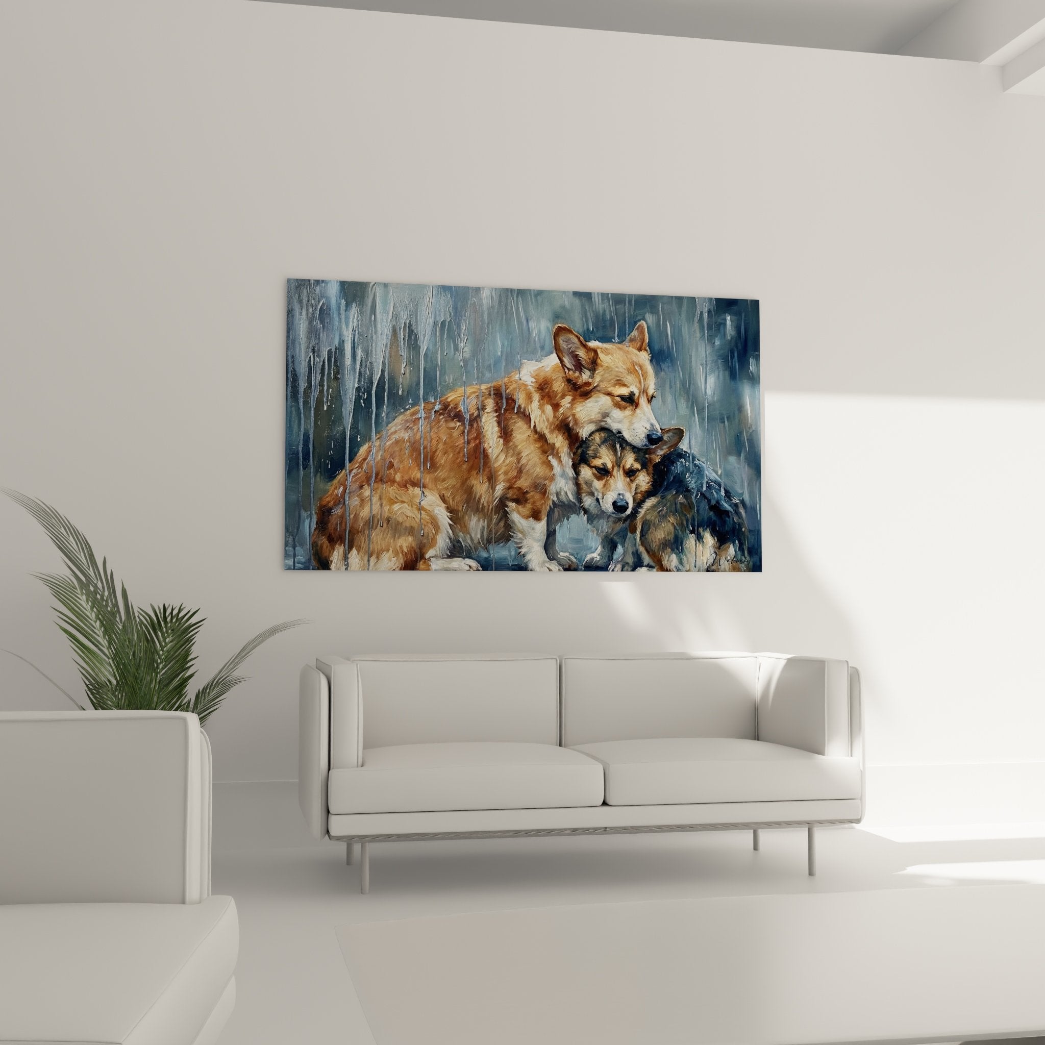 Detailaufnahme Corgi Pembroke Gemälde rotes Fell Regentextur realistische Malerei Hundeschutz Begleithund