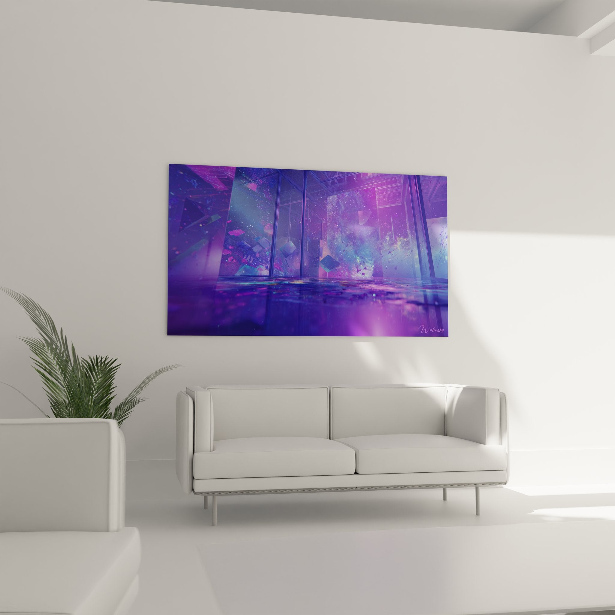 Gros plan détails tableau cosmique violet avec effets holographiques futurisme abstrait