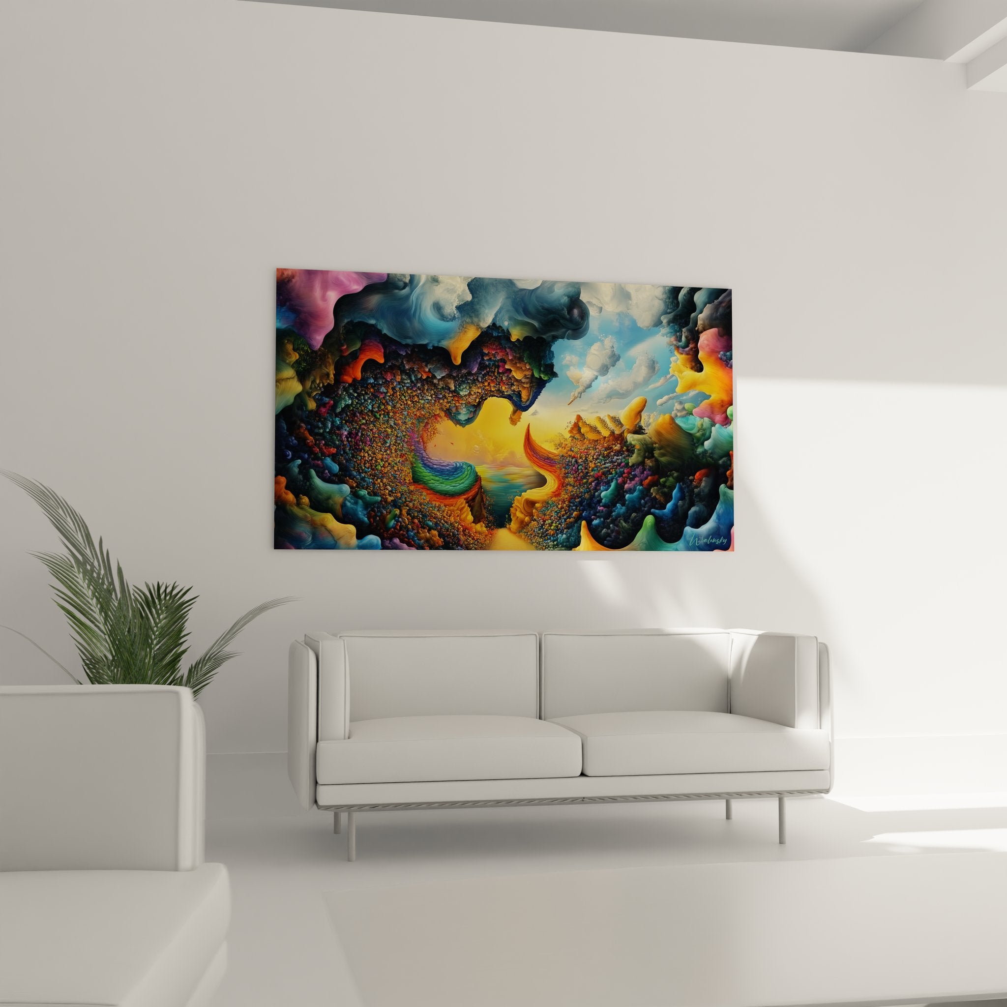 Détail gros plan tableau cosmique montrant nuages abstraits multicolores et particules scintillantes