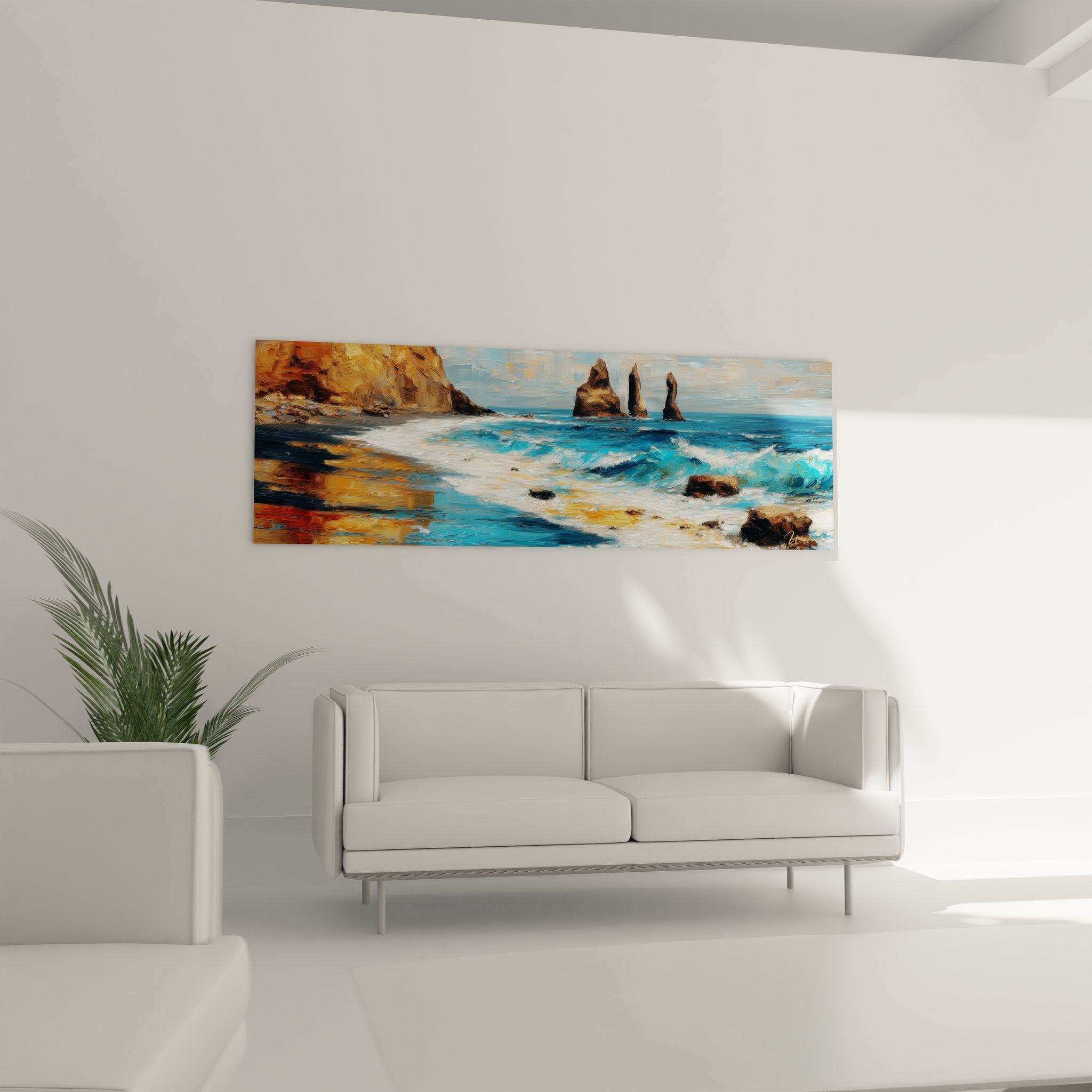 Détail tableau côte sauvage - texture peinture falaises dorées et vagues océan turquoise réalistes