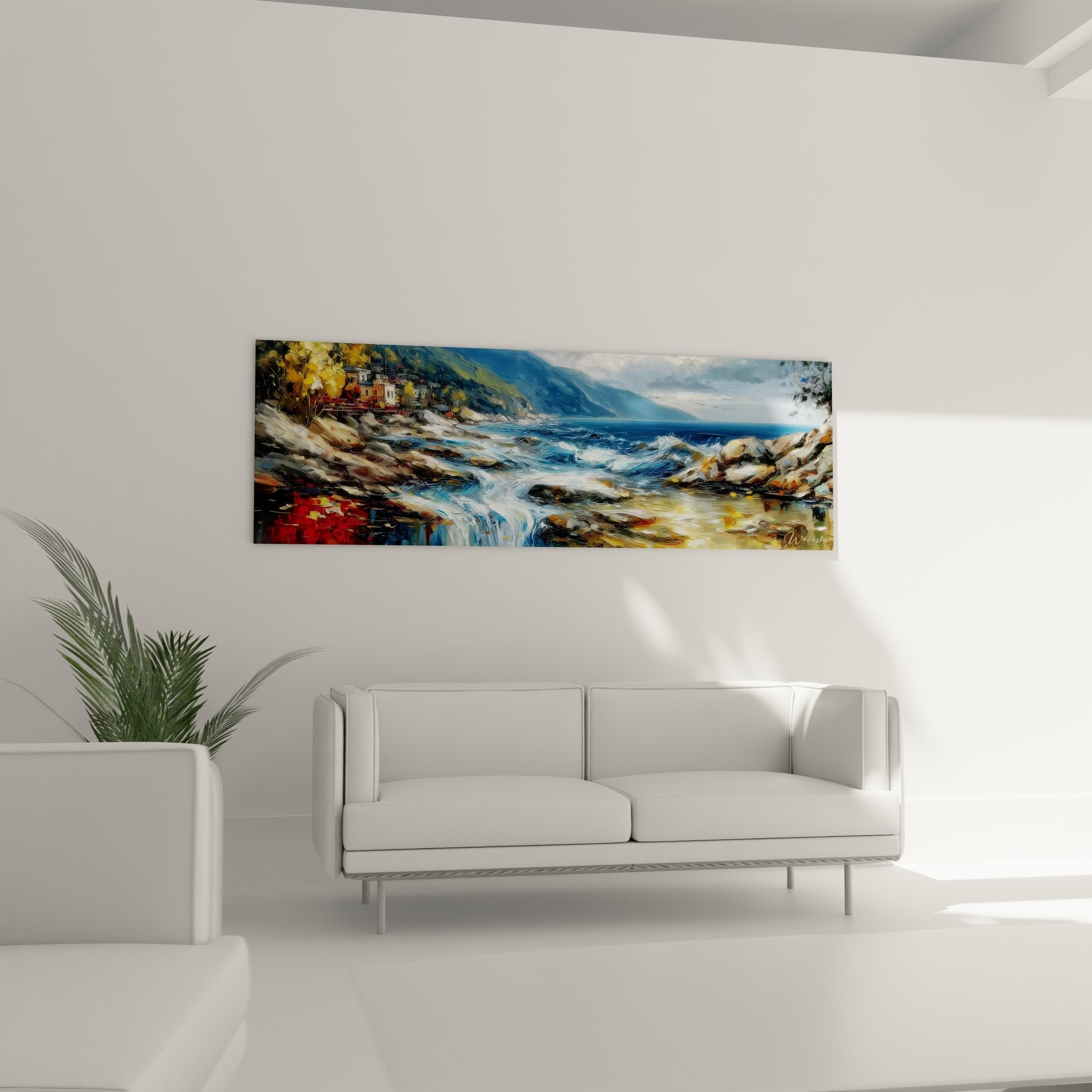 Détail tableau côtier - textures vagues écumantes et rochers dorés - art mural nature