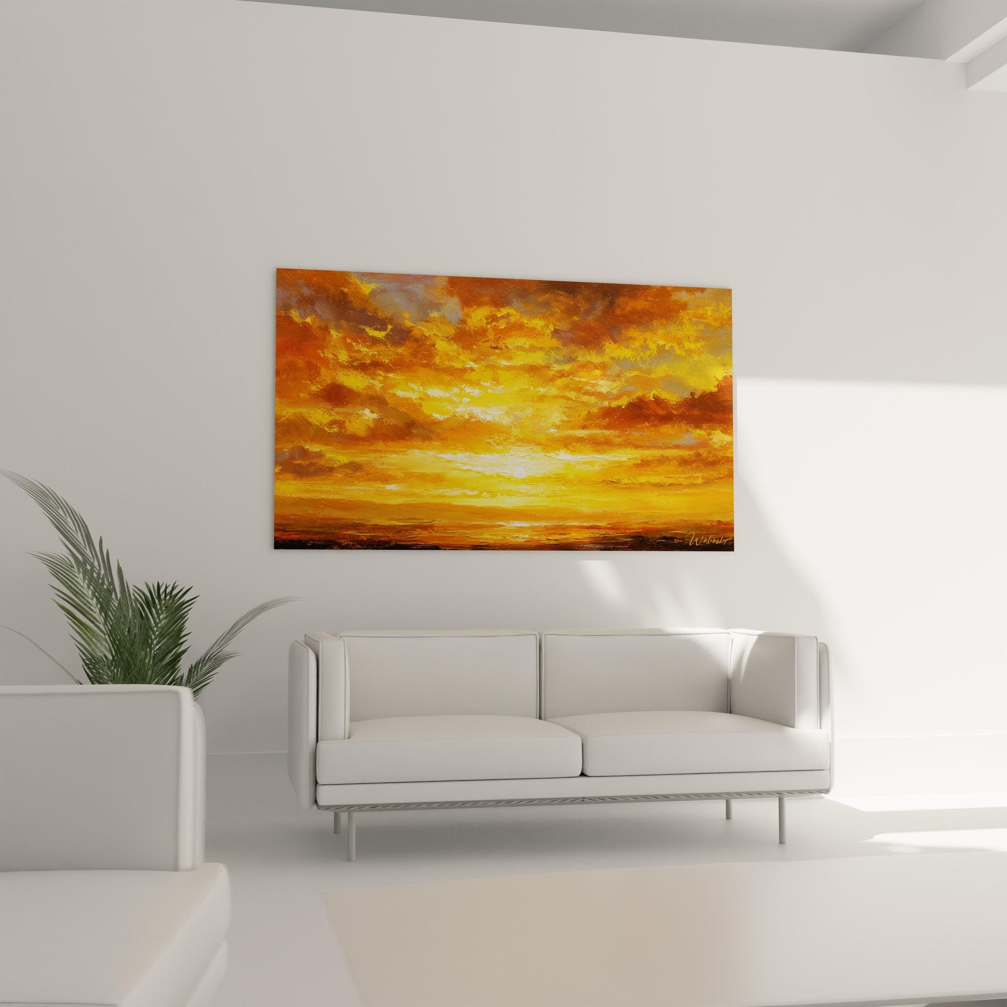 Détail gros plan tableau coucher de soleil montrant technique peinture nuages dorés
